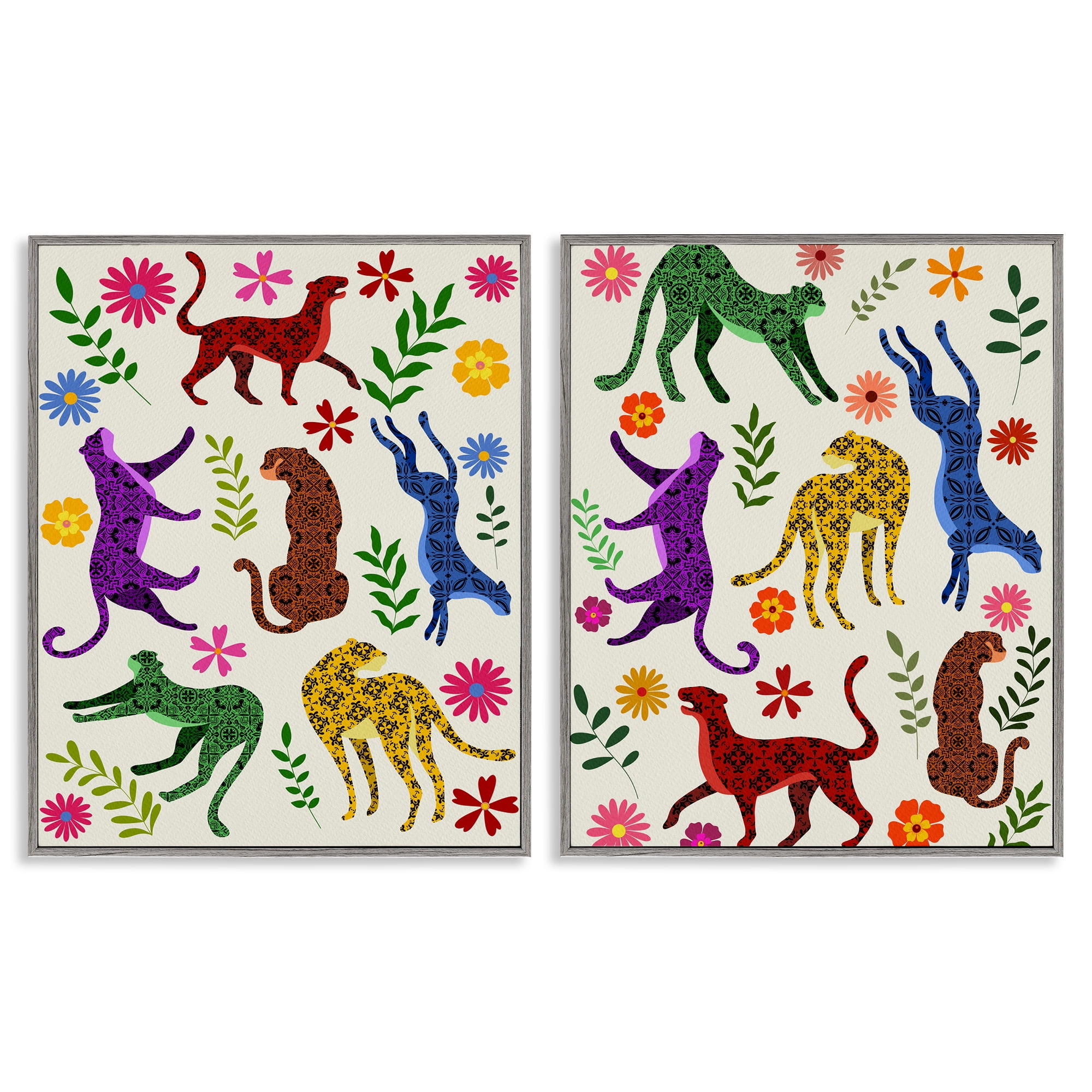Stupell Industries Patterned Floral Jungle Cats Animals Painting Gray Framed Art Print Wall Art, 11 x 14, Set of 2