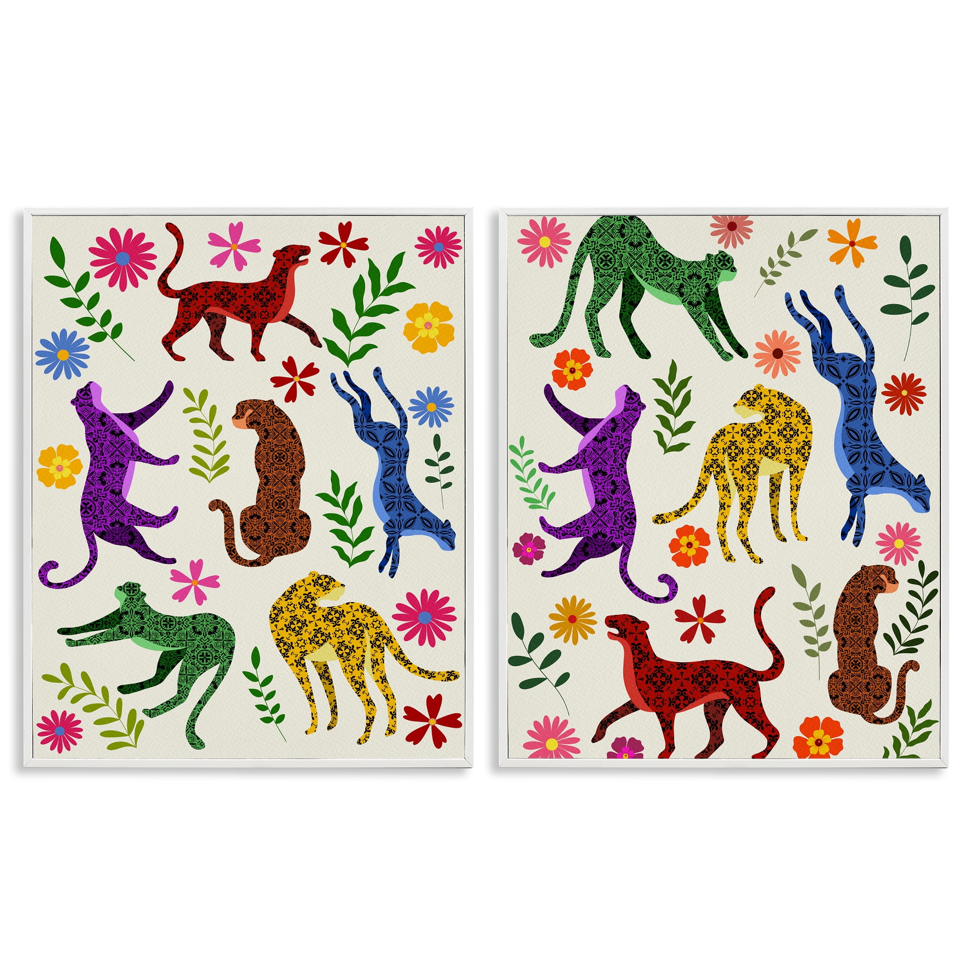 Stupell Industries Patterned Floral Jungle Cats Animals Painting White Framed Art Print Wall Art, 11 x 14, Set of 2