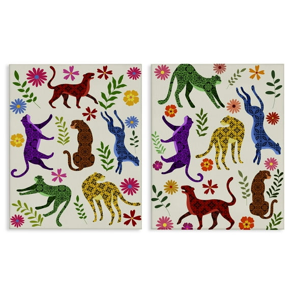 Stupell Industries Patterned Floral Jungle Cats Animals Painting Wrapped Canvas Art Print Wall Art, 16 x 20, Set of 2