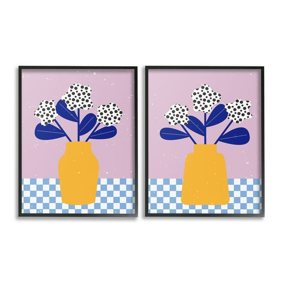 Stupell Industries Patterned Flowers in Vases Botanical & Floral Painting Black Framed Art Print Wall Art, 11 x 14, Set of 2