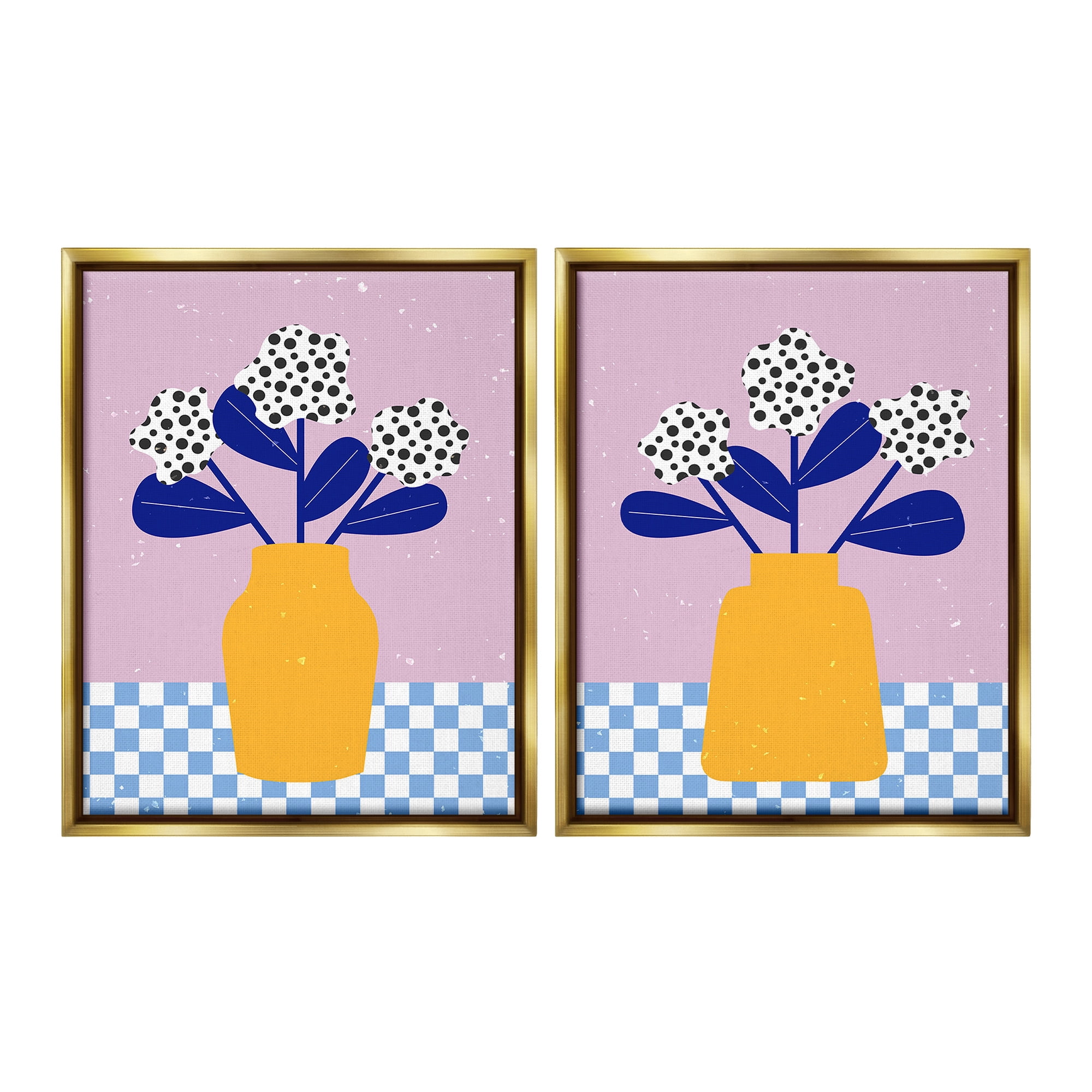 Stupell Industries Patterned Flowers in Vases Botanical & Floral Painting Gold Floater Framed Canvas Art Print Wall Art, 25 x 31, Set of 2