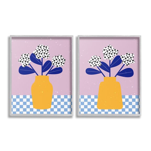 Stupell Industries Patterned Flowers in Vases Botanical & Floral Painting Gray Framed Art Print Wall Art, 11 x 14, Set of 2