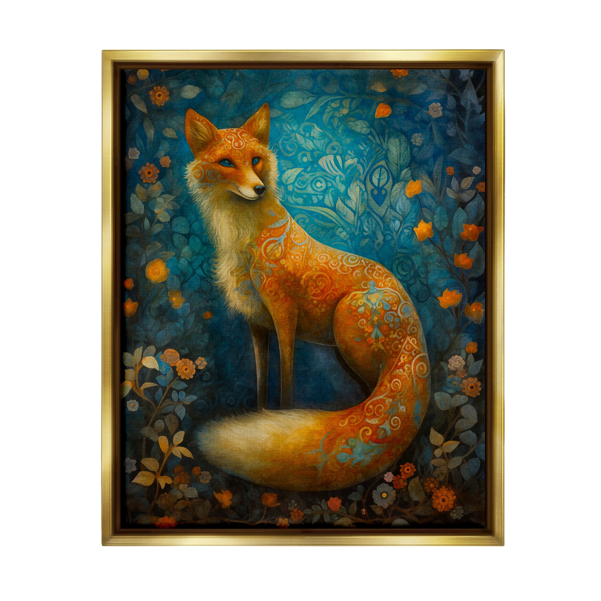 Stupell Industries Patterned Forest Fox Animals & Insects Painting Gold Floater Framed Art Print Wall Art, 17 x 21