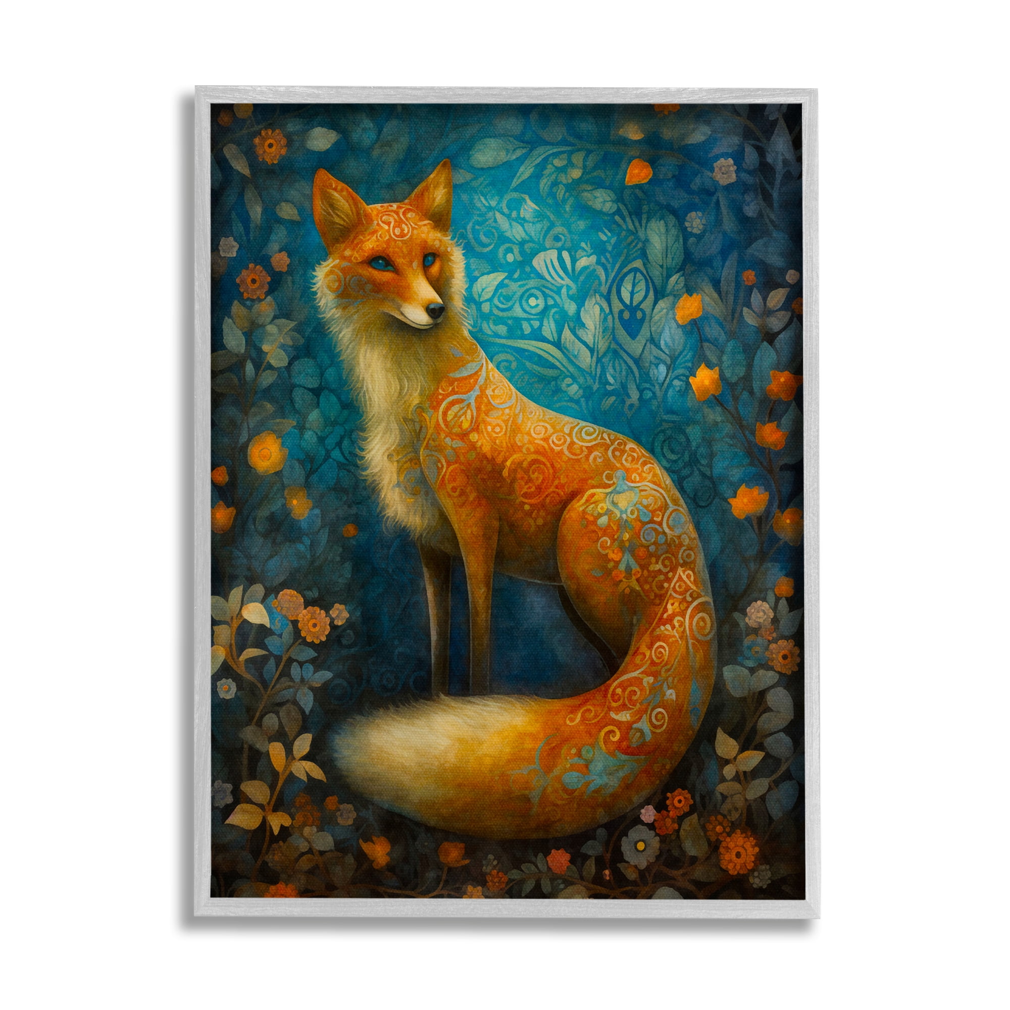 Stupell Industries Patterned Forest Fox Animals & Insects Painting Gray Framed Art Print Wall Art, 11 x 14