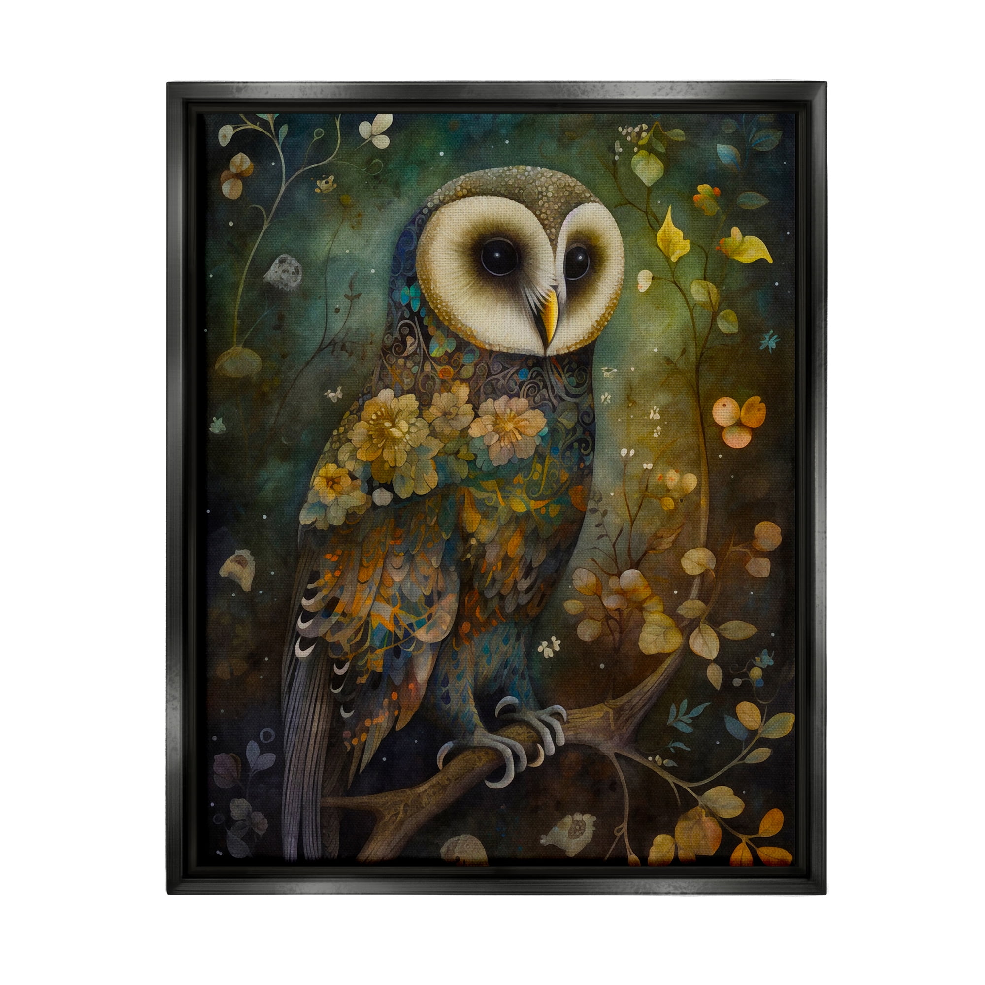 Stupell Industries Patterned Forest Owl Animals & Insects Painting Black Floater Framed Art Print Wall Art, 17 x 21