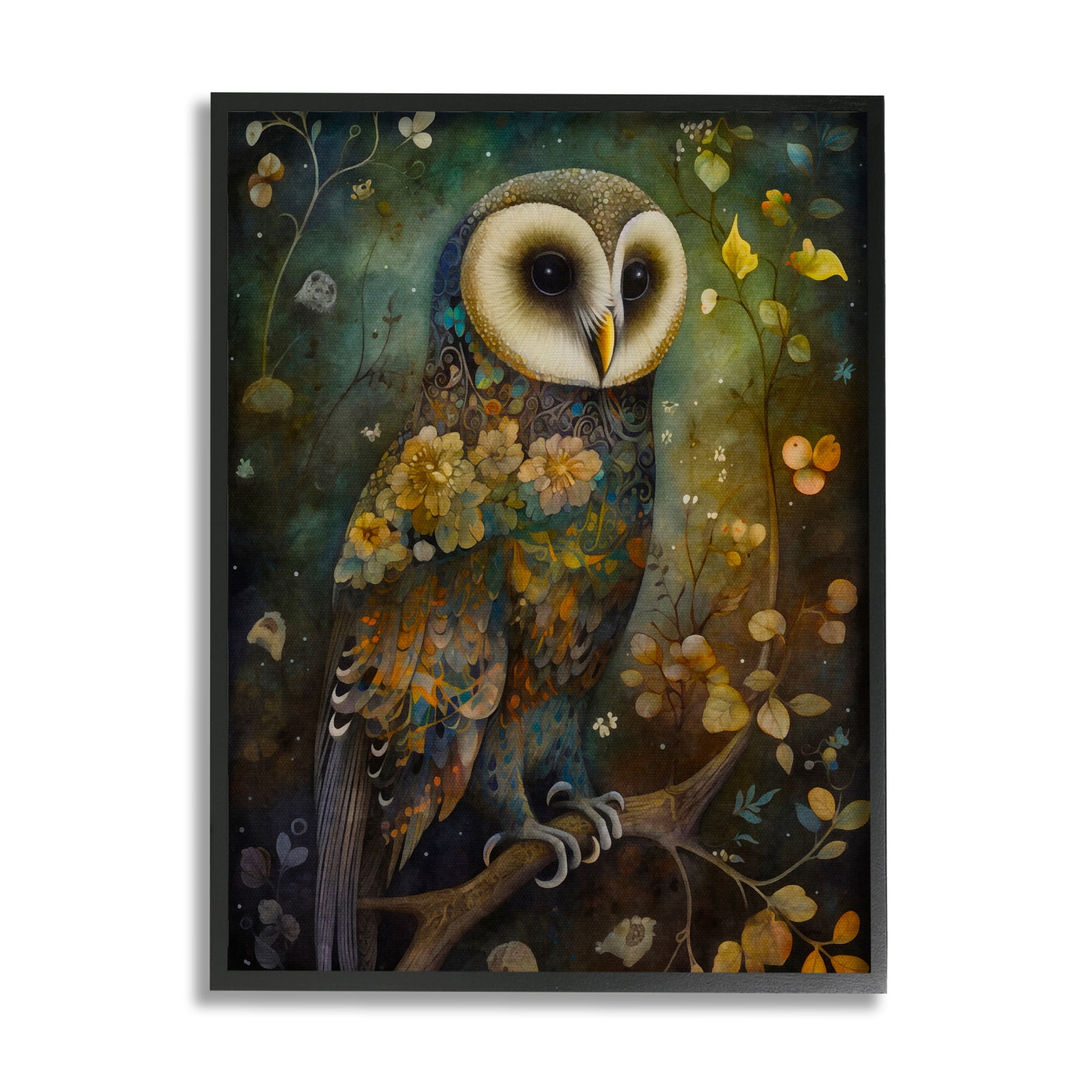 Stupell Industries Patterned Forest Owl Animals & Insects Painting Black Framed Art Print Wall Art, 16 x 20