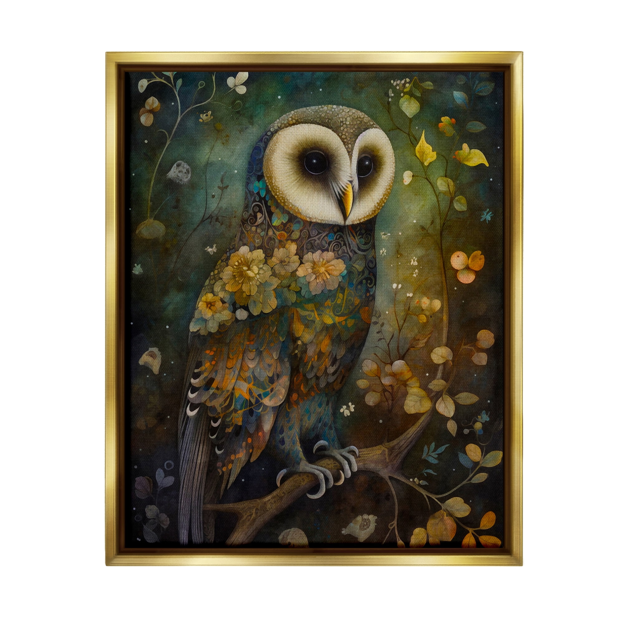 Stupell Industries Patterned Forest Owl Animals & Insects Painting Gold Floater Framed Art Print Wall Art, 17 x 21