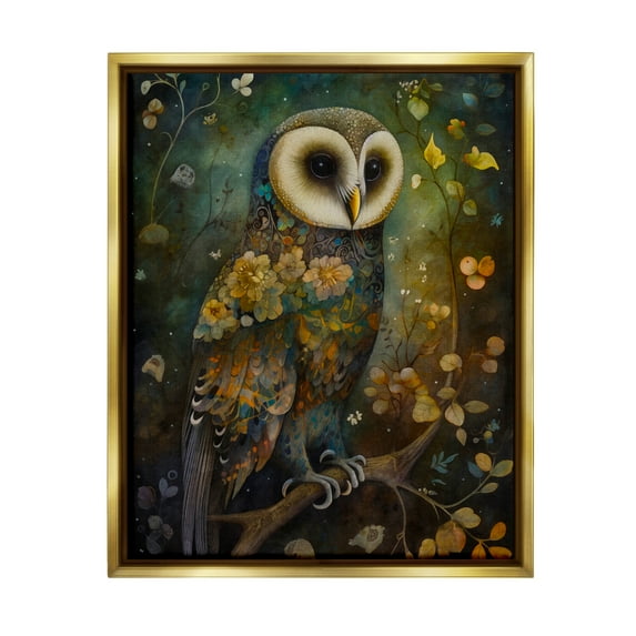 Stupell Industries Patterned Forest Owl Animals & Insects Painting Gold Floater Framed Art Print Wall Art, 25 x 31
