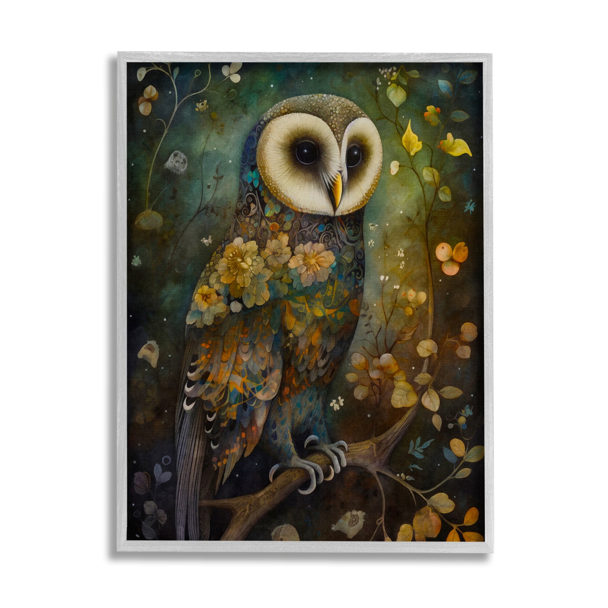 Stupell Industries Patterned Forest Owl Animals & Insects Painting Gray Framed Art Print Wall Art, 11 x 14