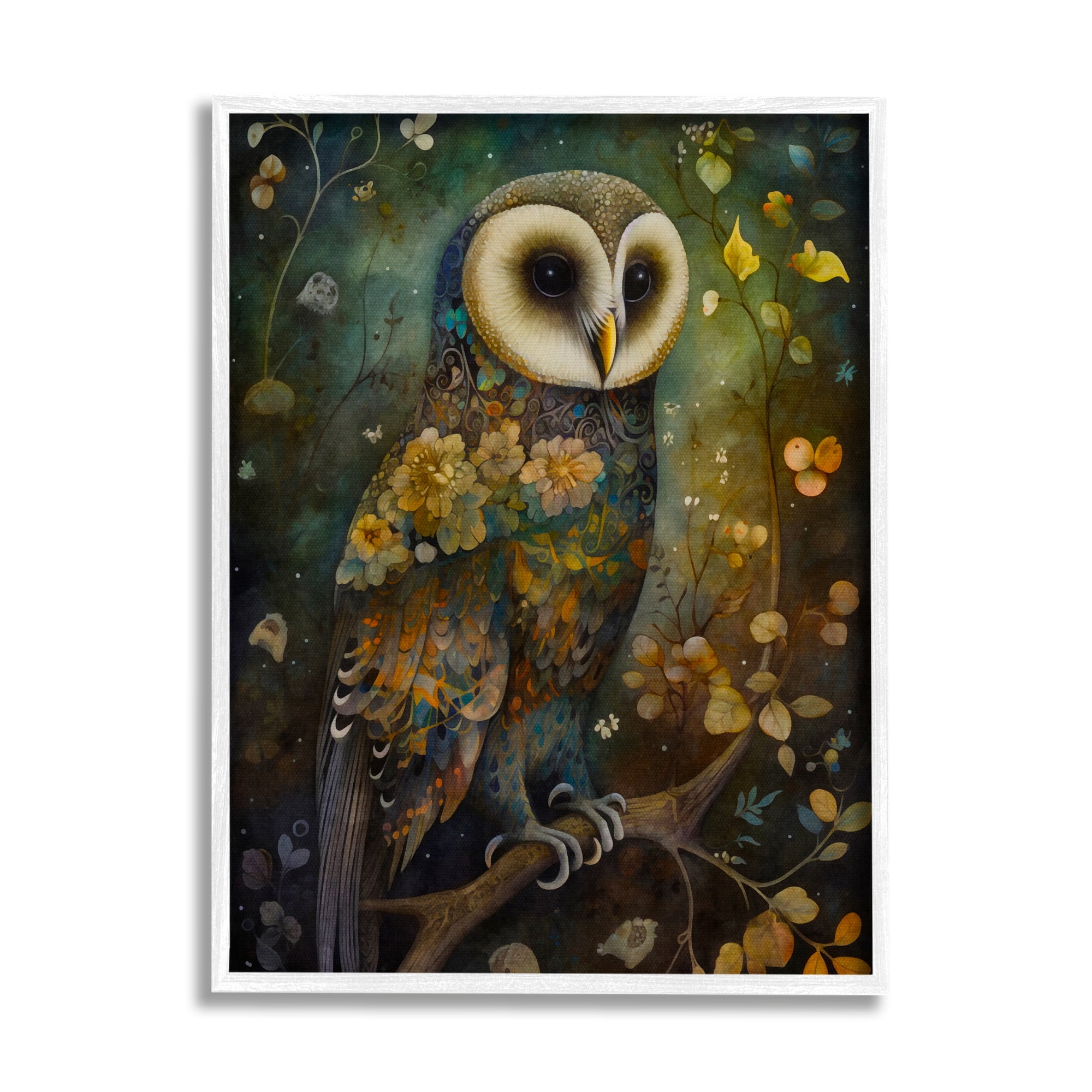 Stupell Industries Patterned Forest Owl Animals & Insects Painting White Framed Art Print Wall Art, 16 x 20