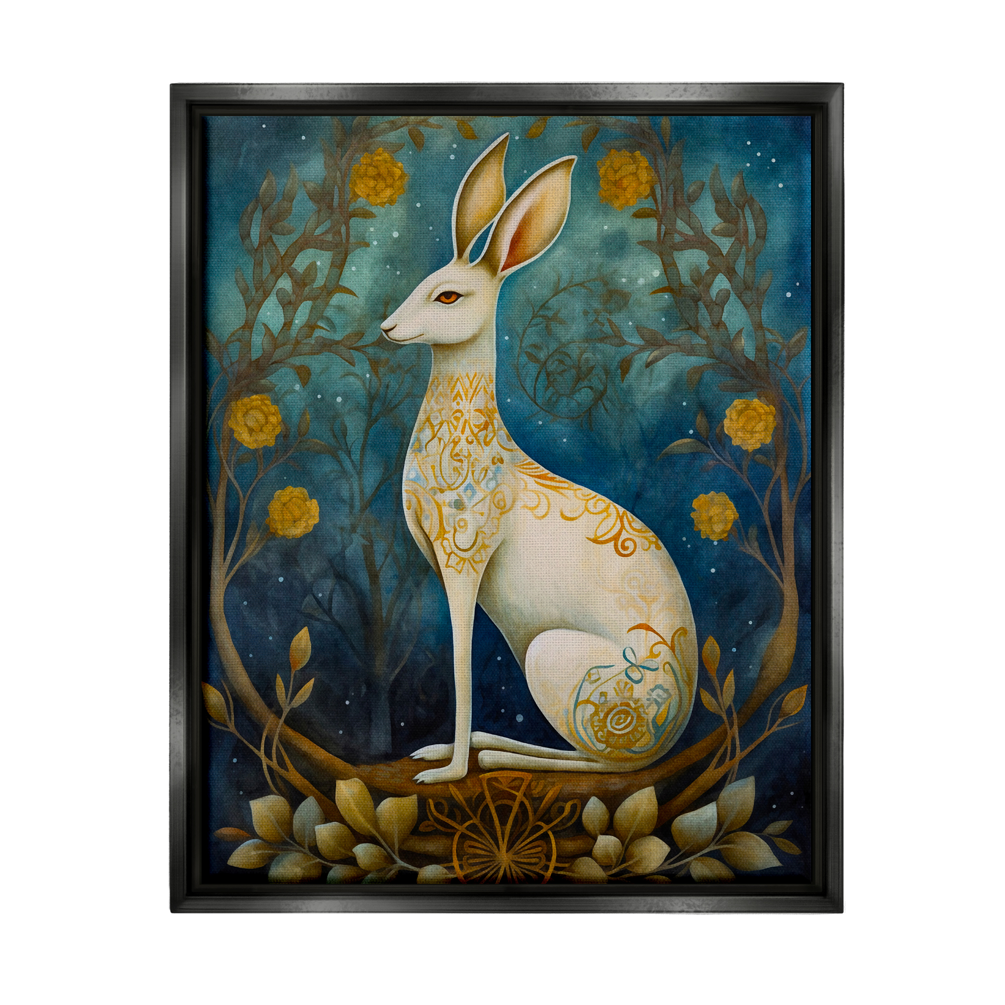 Stupell Industries Patterned Forest Rabbit Animals & Insects Painting Black Floater Framed Art Print Wall Art, 17 x 21