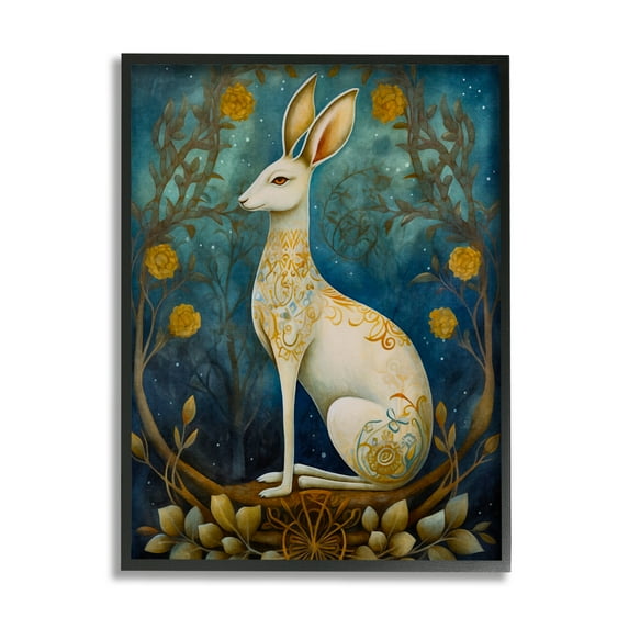 Stupell Industries Patterned Forest Rabbit Animals & Insects Painting Black Framed Art Print Wall Art, 24 x 30