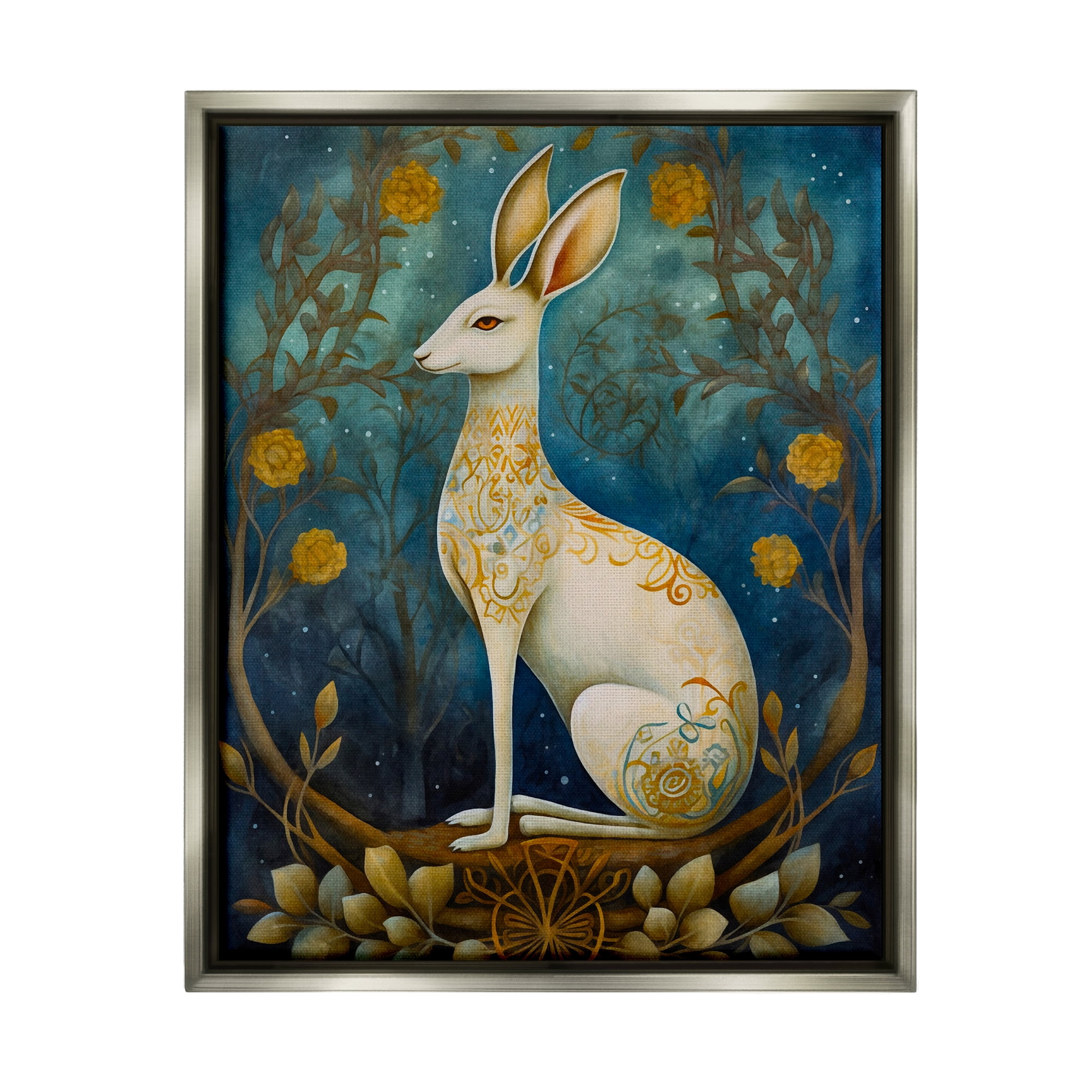 Stupell Industries Patterned Forest Rabbit Animals & Insects Painting Gray Floater Framed Art Print Wall Art, 17 x 21
