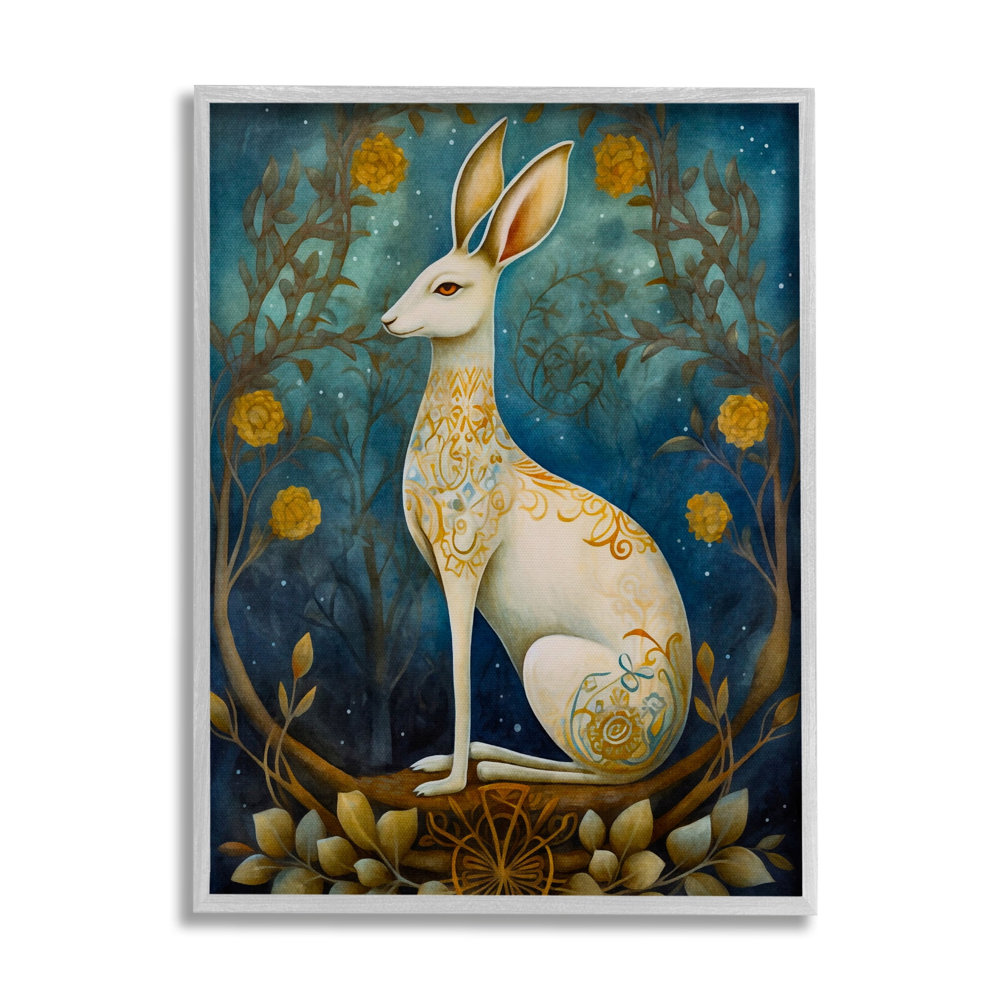 Stupell Industries Patterned Forest Rabbit Animals & Insects Painting Gray Framed Art Print Wall Art, 16 x 20