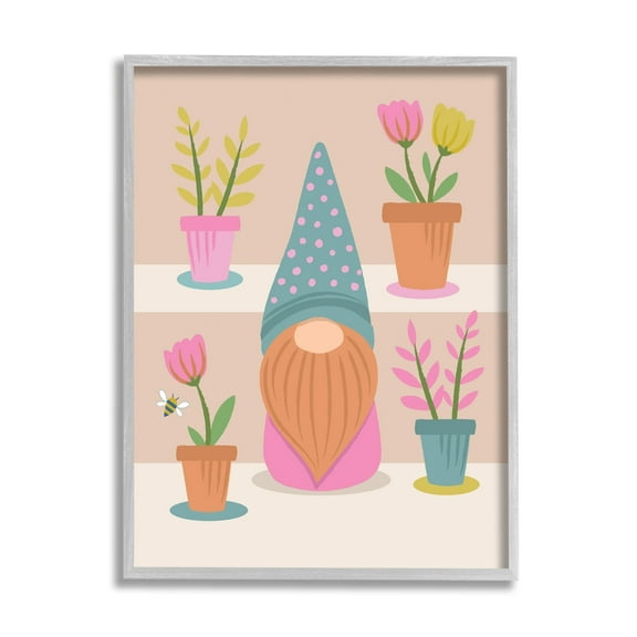Stupell Industries Patterned Garden Gnome Flower Pots Honey Bee Framed Wall Art, 11 x 14, Design by Lisa Perry Whitebutton