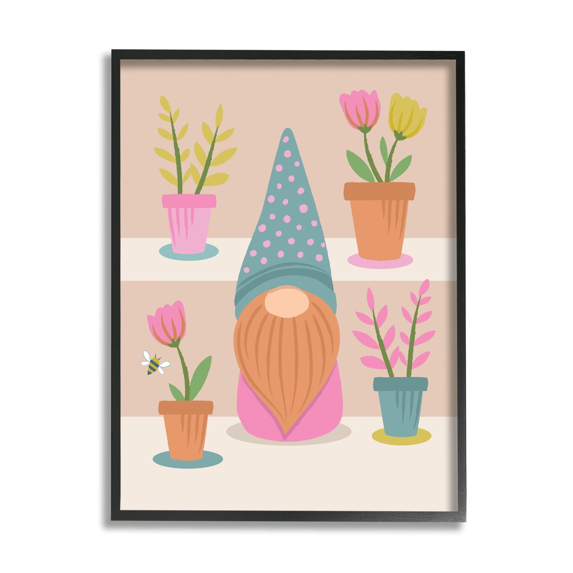 Stupell Industries Patterned Garden Gnome Flower Pots Honey Bee Framed Wall Art, 11 x 14, Design by Lisa Perry Whitebutton