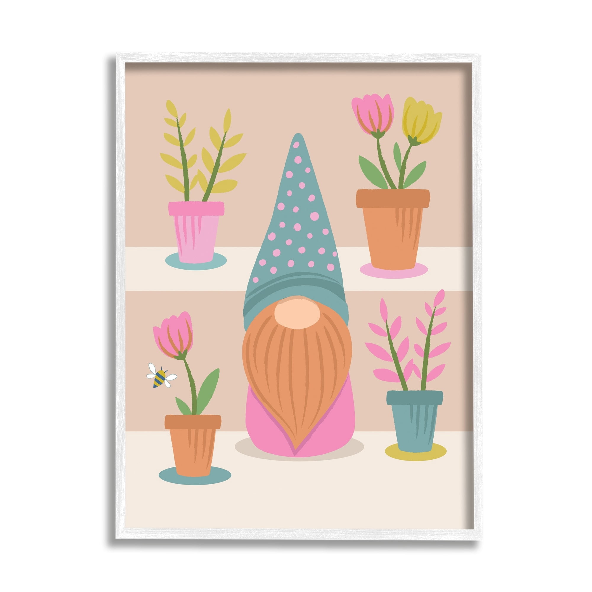 Stupell Industries Patterned Garden Gnome Flower Pots Honey Bee Framed Wall Art, 11 x 14, Design by Lisa Perry Whitebutton