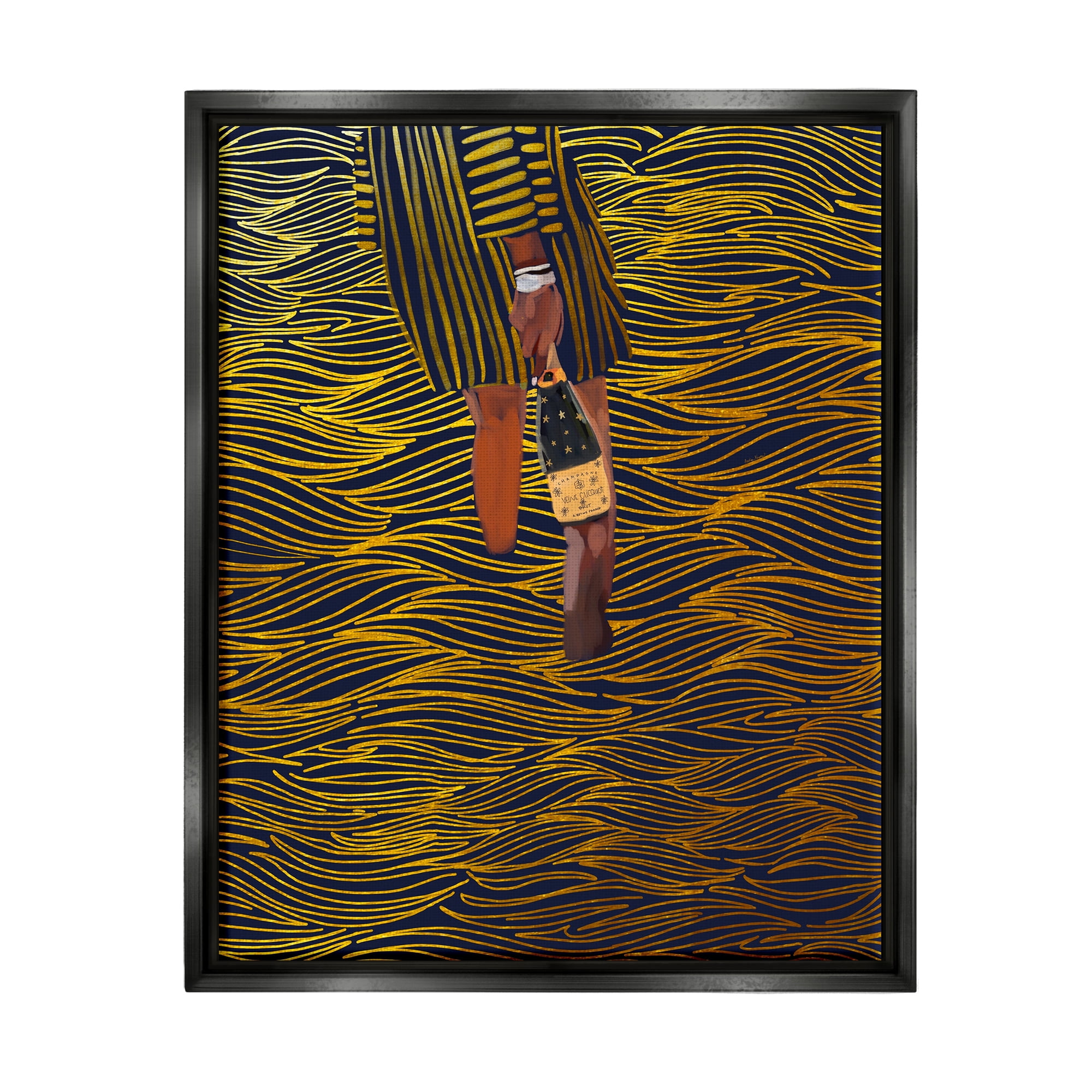 Stupell Industries Patterned Girl with Champagne Food & Beverage Painting Black Floater Framed Canvas Art Print Wall Art, 25 x 31