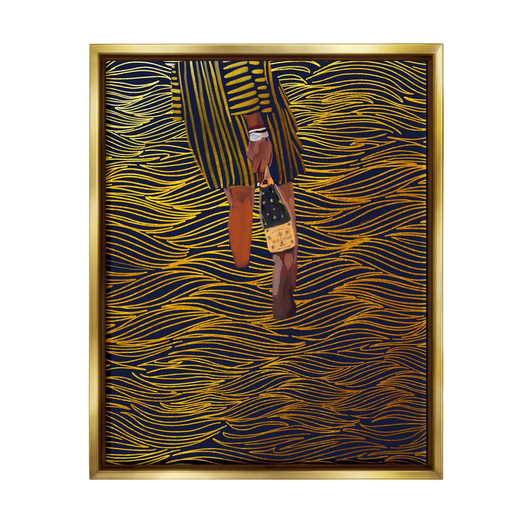 Stupell Industries Patterned Girl with Champagne Food & Beverage Painting Gold Floater Framed Canvas Art Print Wall Art, 25 x 31