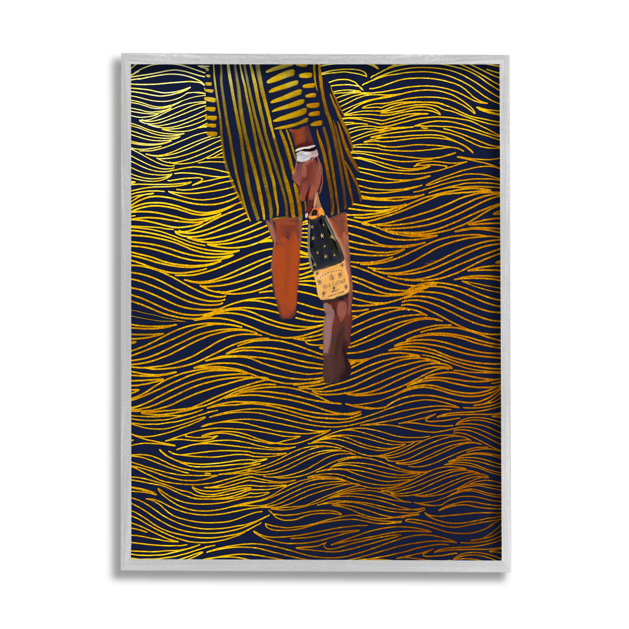 Stupell Industries Patterned Girl with Champagne Food & Beverage Painting Gray Framed Art Print Wall Art, 16 x 20