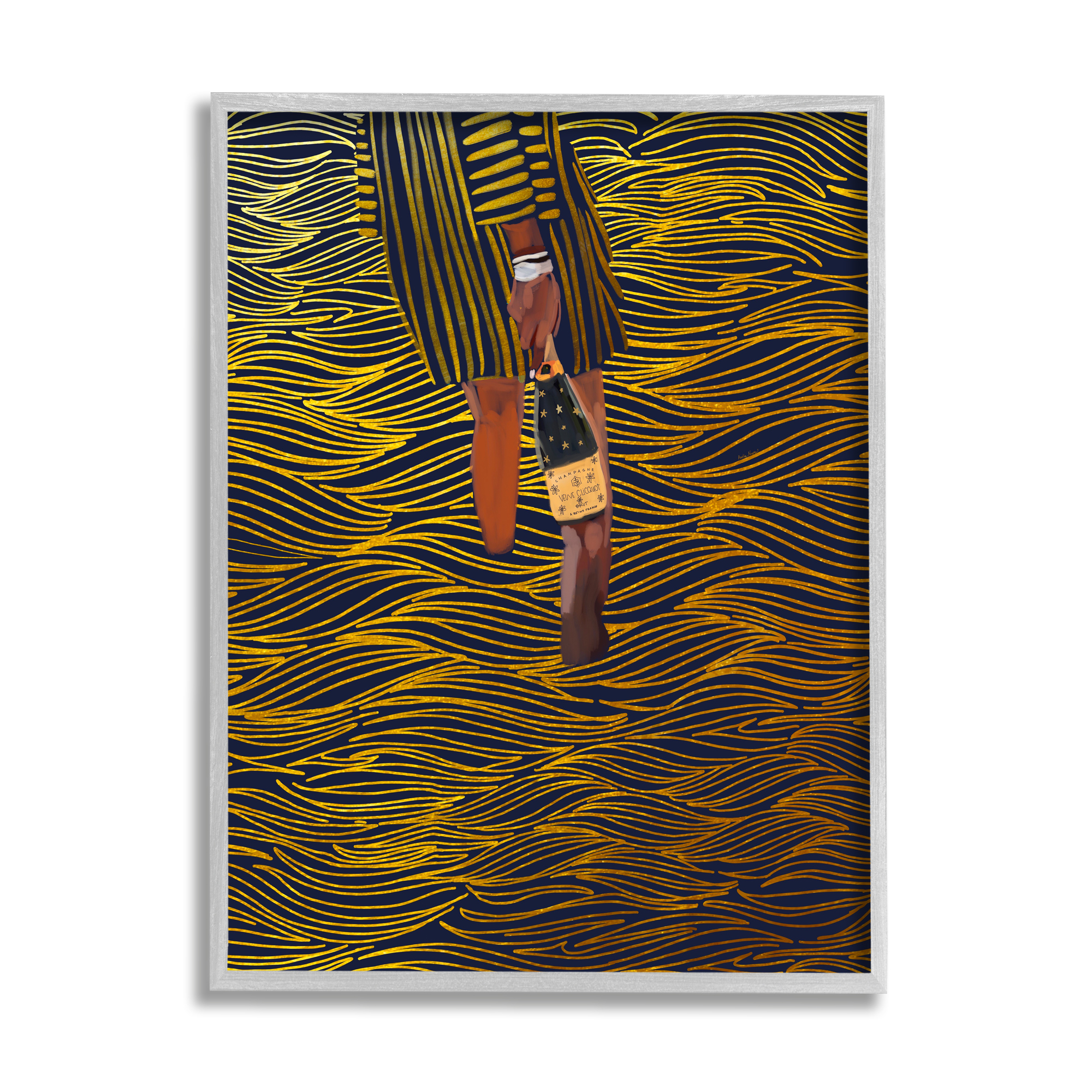Stupell Industries Patterned Girl with Champagne Food & Beverage Painting Gray Framed Art Print Wall Art, 24 x 30