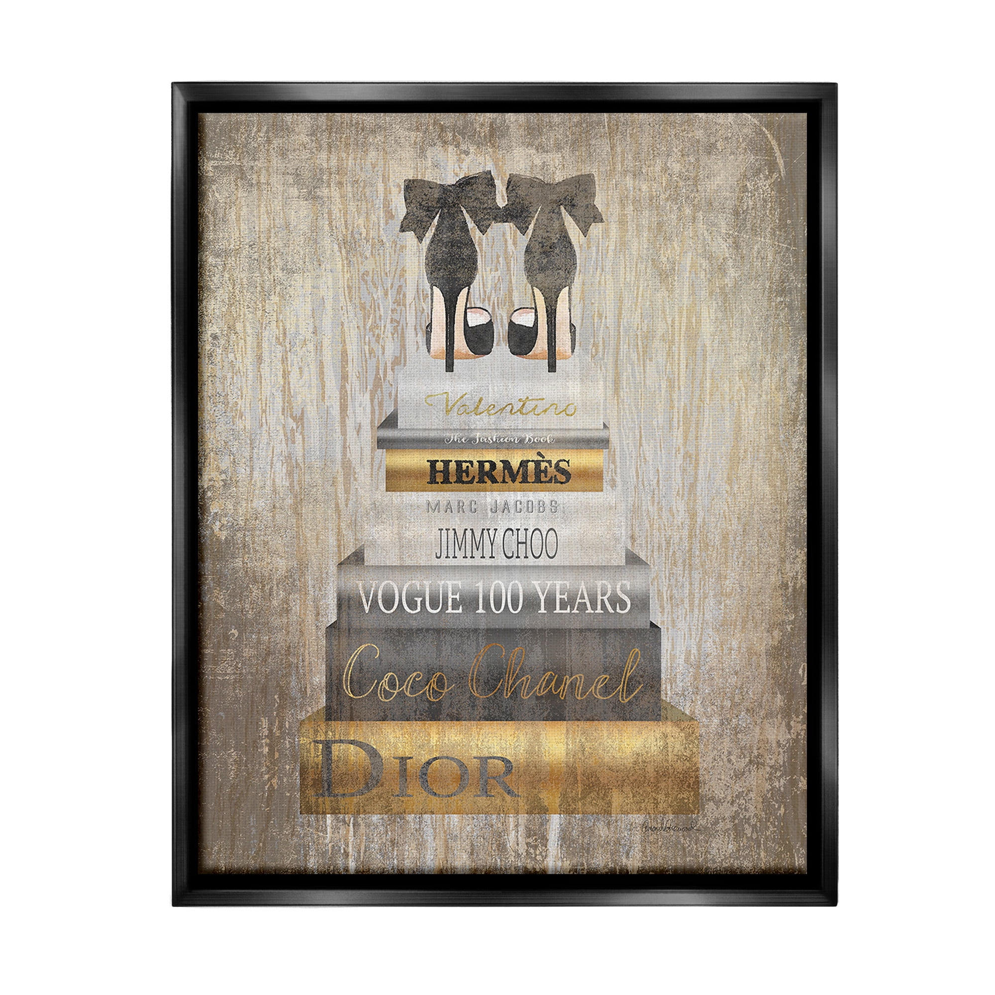 Stupell Industries Patterned Glam Bookstack Beauty & Fashion Painting Black Floater Framed Canvas Art Print Wall Art, 25 x 31