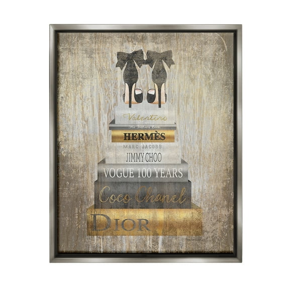 Stupell Industries Patterned Glam Bookstack Beauty & Fashion Painting Gray Floater Framed Canvas Art Print Wall Art, 25 x 31