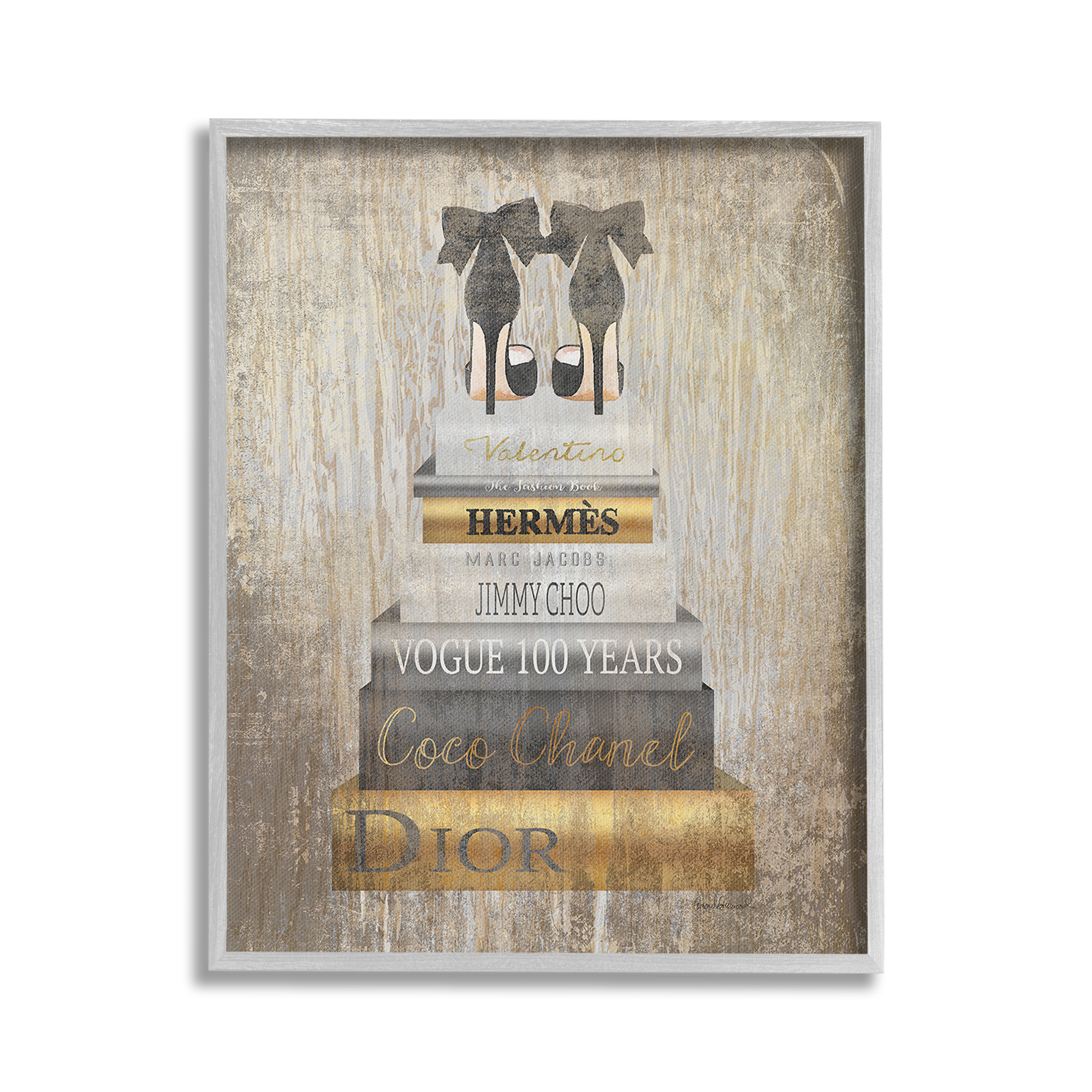 Stupell Industries Patterned Glam Bookstack Beauty & Fashion Painting Gray Framed Art Print Wall Art, 24 x 30