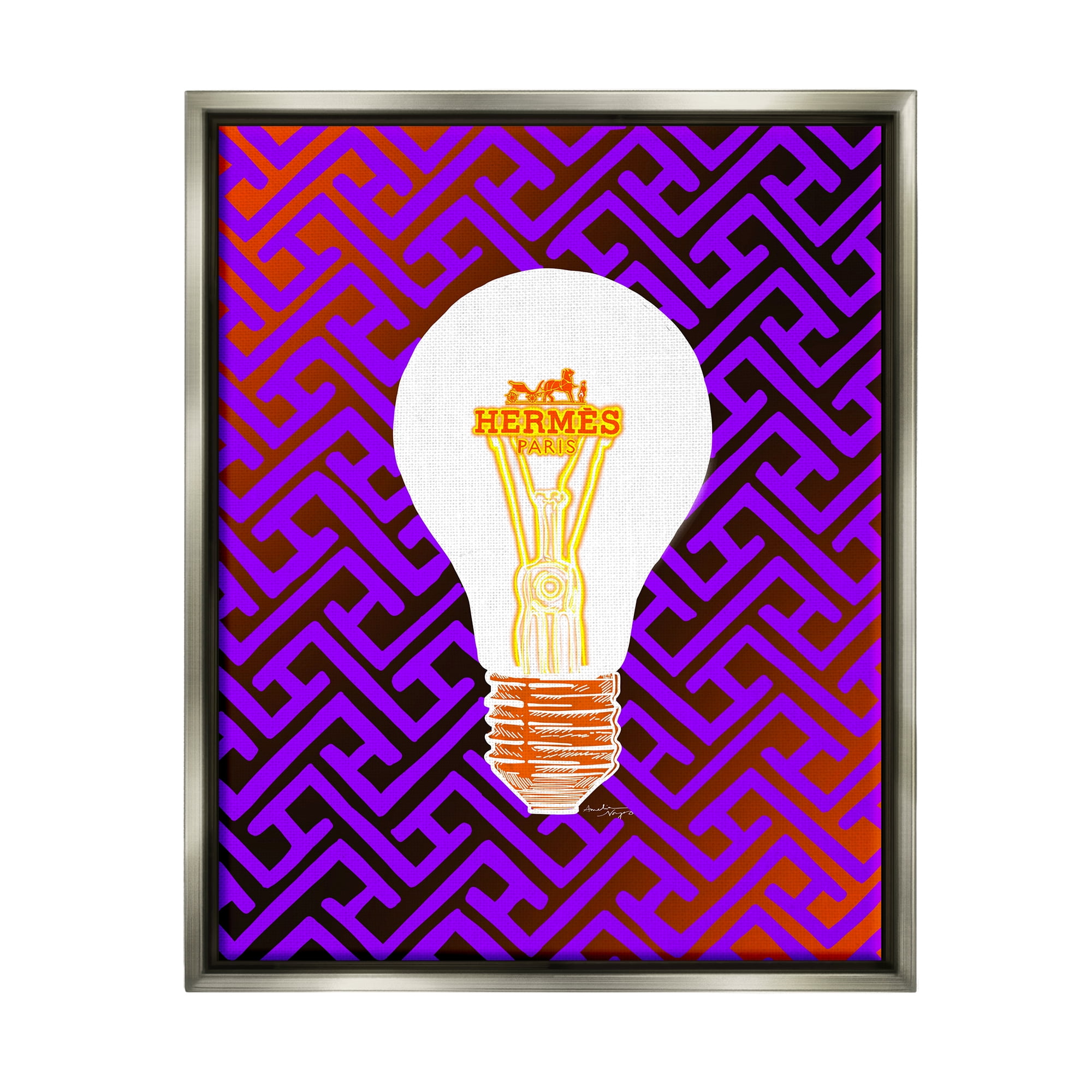 Stupell Industries Patterned Glam Lightbulb Beauty & Fashion Painting Gray Floater Framed Canvas Art Print Wall Art, 25 x 31