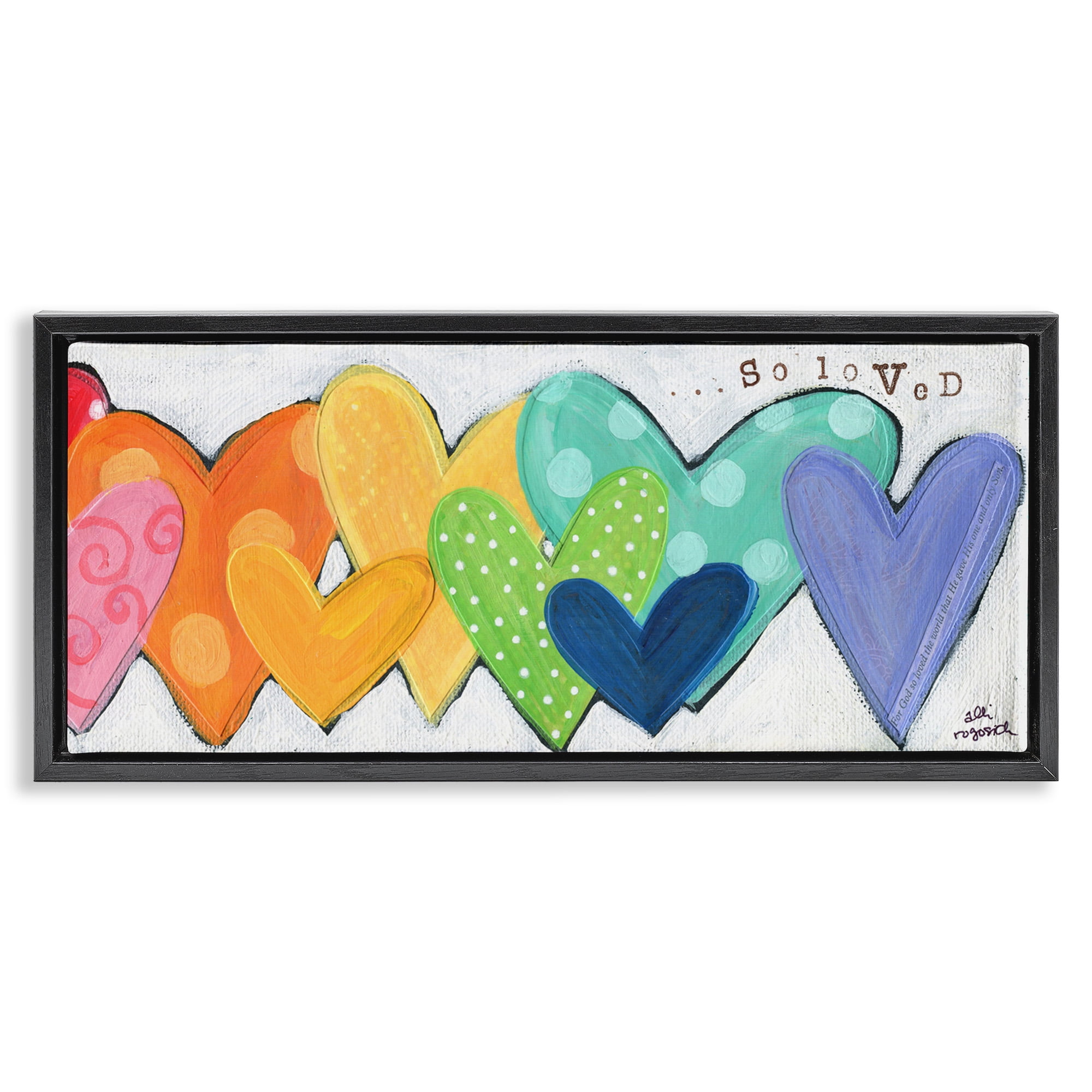 Stupell Industries Patterned Hearts So Loved Typography Painting Black Floater Framed Canvas Art Print Wall Art, 25 x 11