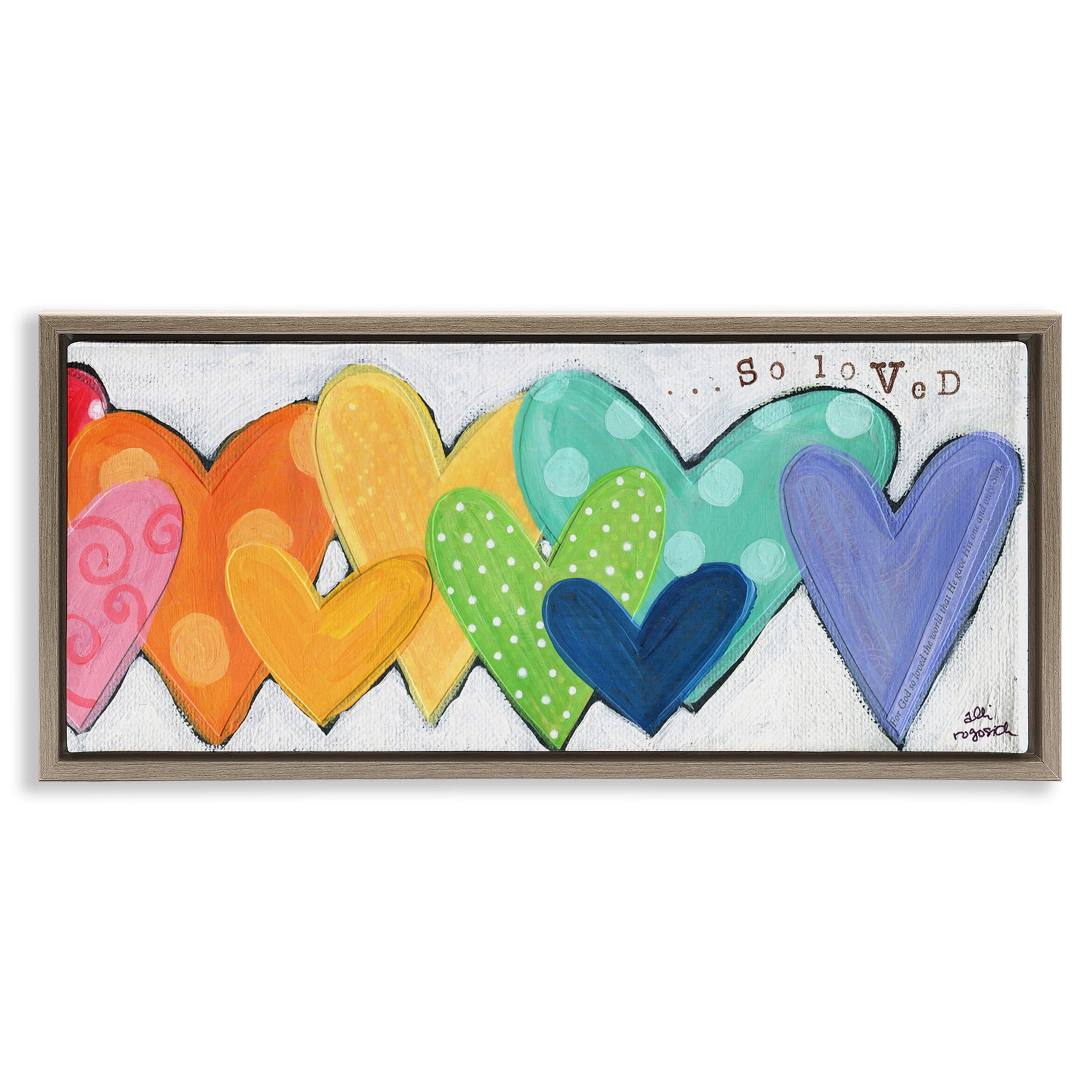 Stupell Industries Patterned Hearts So Loved Typography Painting Brown Floater Framed Canvas Art Print Wall Art, 25 x 11