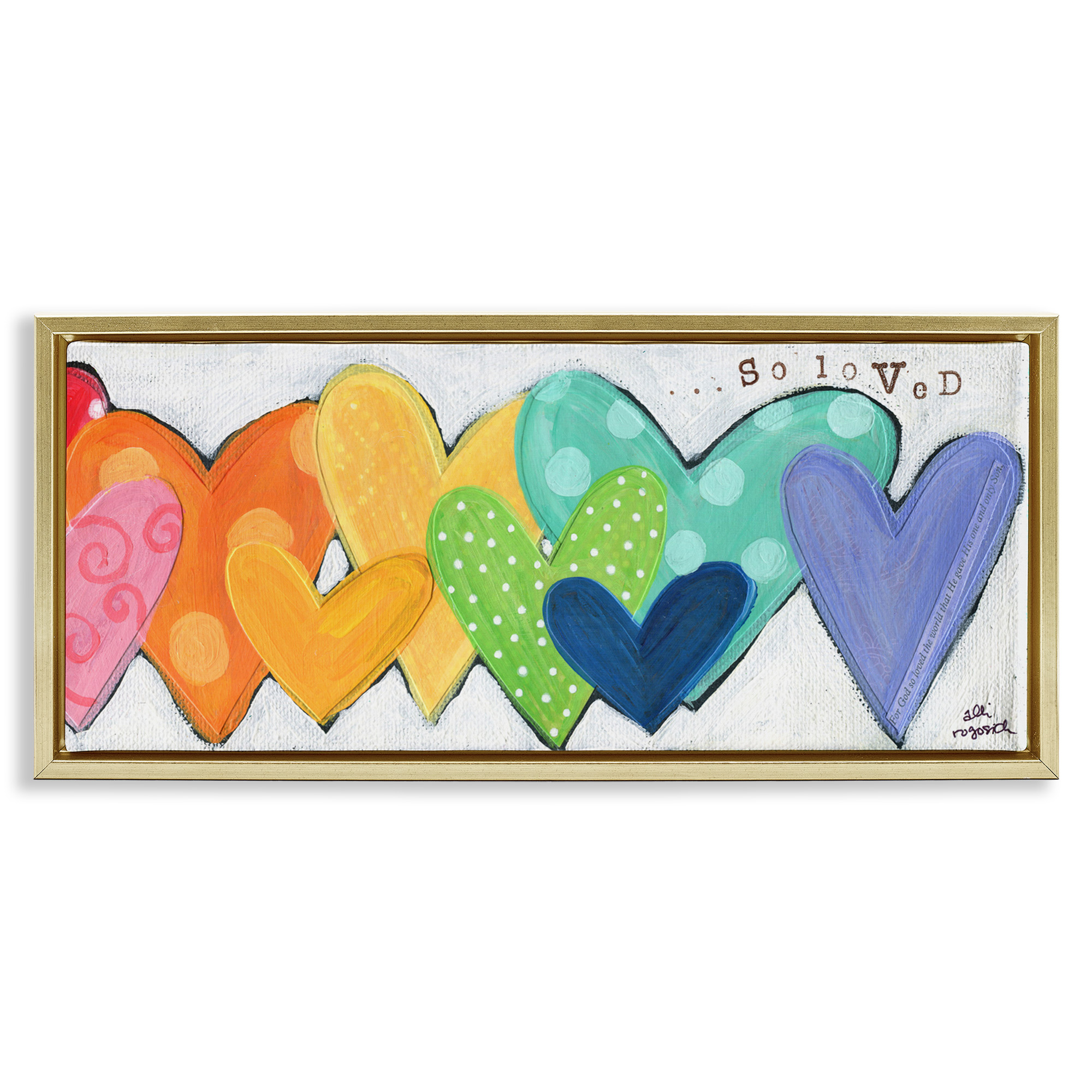 Stupell Industries Patterned Hearts So Loved Typography Painting Gold Floater Framed Canvas Art Print Wall Art, 25 x 11