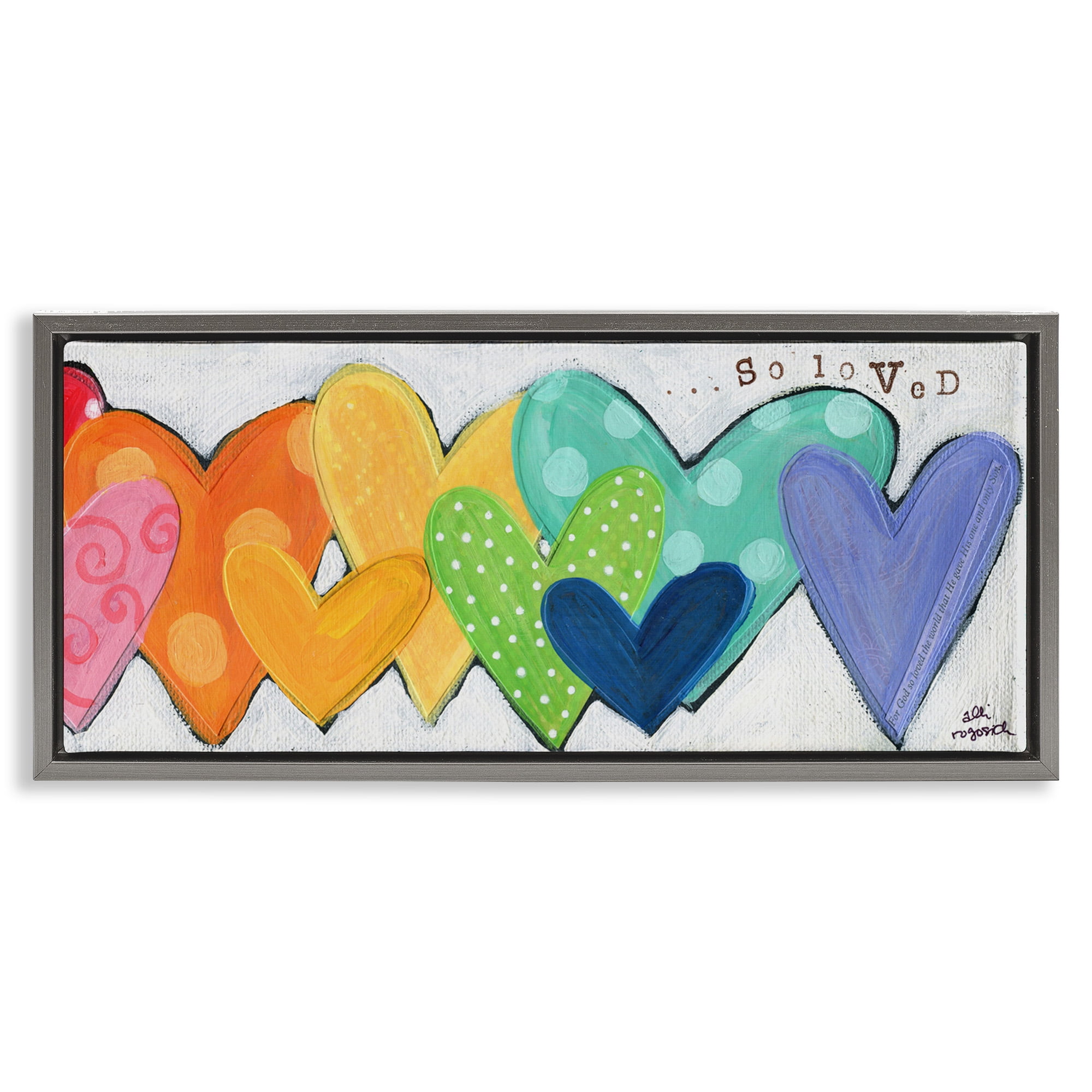 Stupell Industries Patterned Hearts So Loved Typography Painting Gray Floater Framed Canvas Art Print Wall Art, 25 x 11