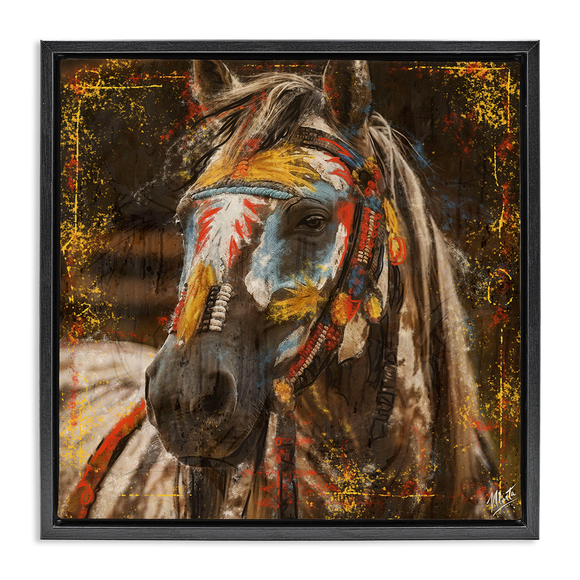 Stupell Industries Patterned Horse Visage Animals Painting Black Floater Framed Canvas Art Print Wall Art, 25 x 25