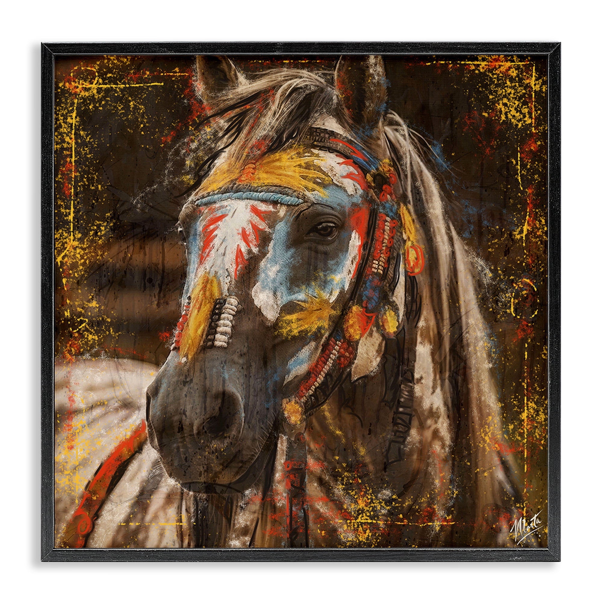 Stupell Industries Patterned Horse Visage Animals Painting Black Framed Art Print Wall Art, 12 x 12