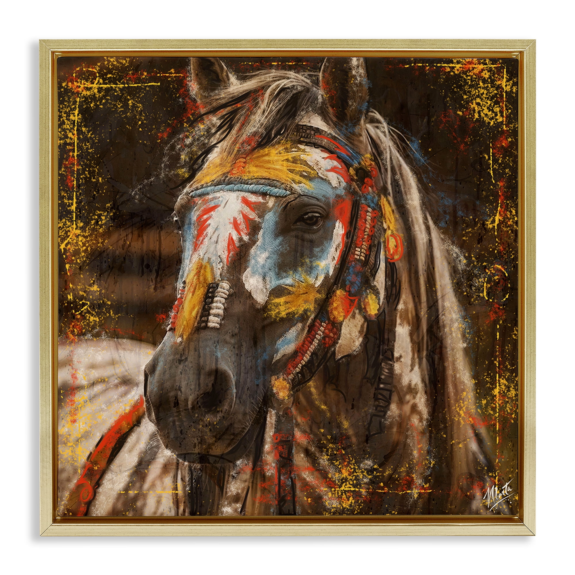 Stupell Industries Patterned Horse Visage Animals Painting Gold Floater Framed Canvas Art Print Wall Art, 18 x 18