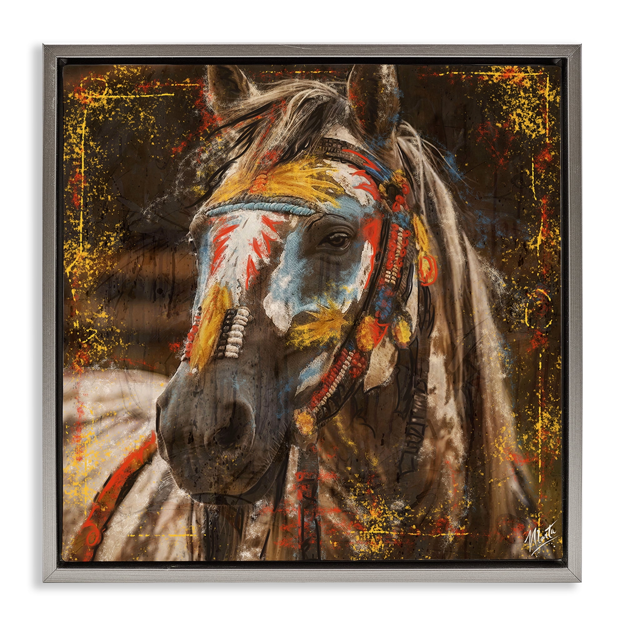Stupell Industries Patterned Horse Visage Animals Painting Gray Floater Framed Canvas Art Print Wall Art, 25 x 25