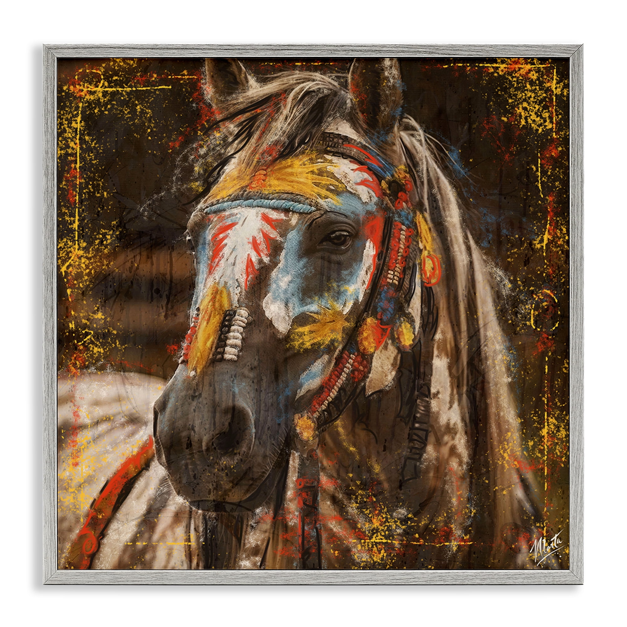 Stupell Industries Patterned Horse Visage Animals Painting Gray Framed Art Print Wall Art, 17 x 17