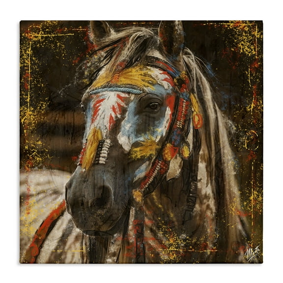 Stupell Industries Patterned Horse Visage Animals Painting Wrapped Canvas Art Print Wall Art, 17 x 17