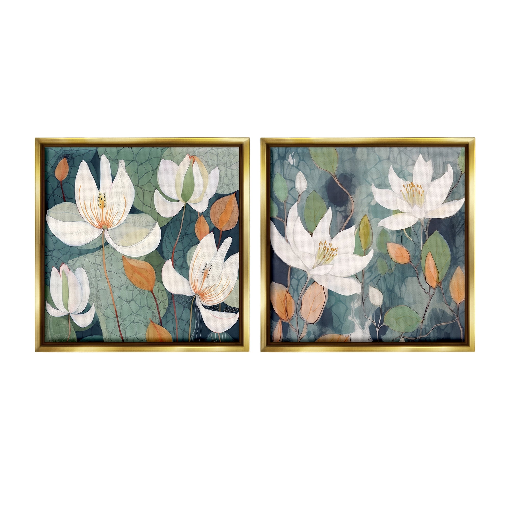 Stupell Industries Patterned Iris Blooms Botanical & Floral Painting Gold Floater Framed Canvas Art Print Wall Art, 18 x 18, Set of 2