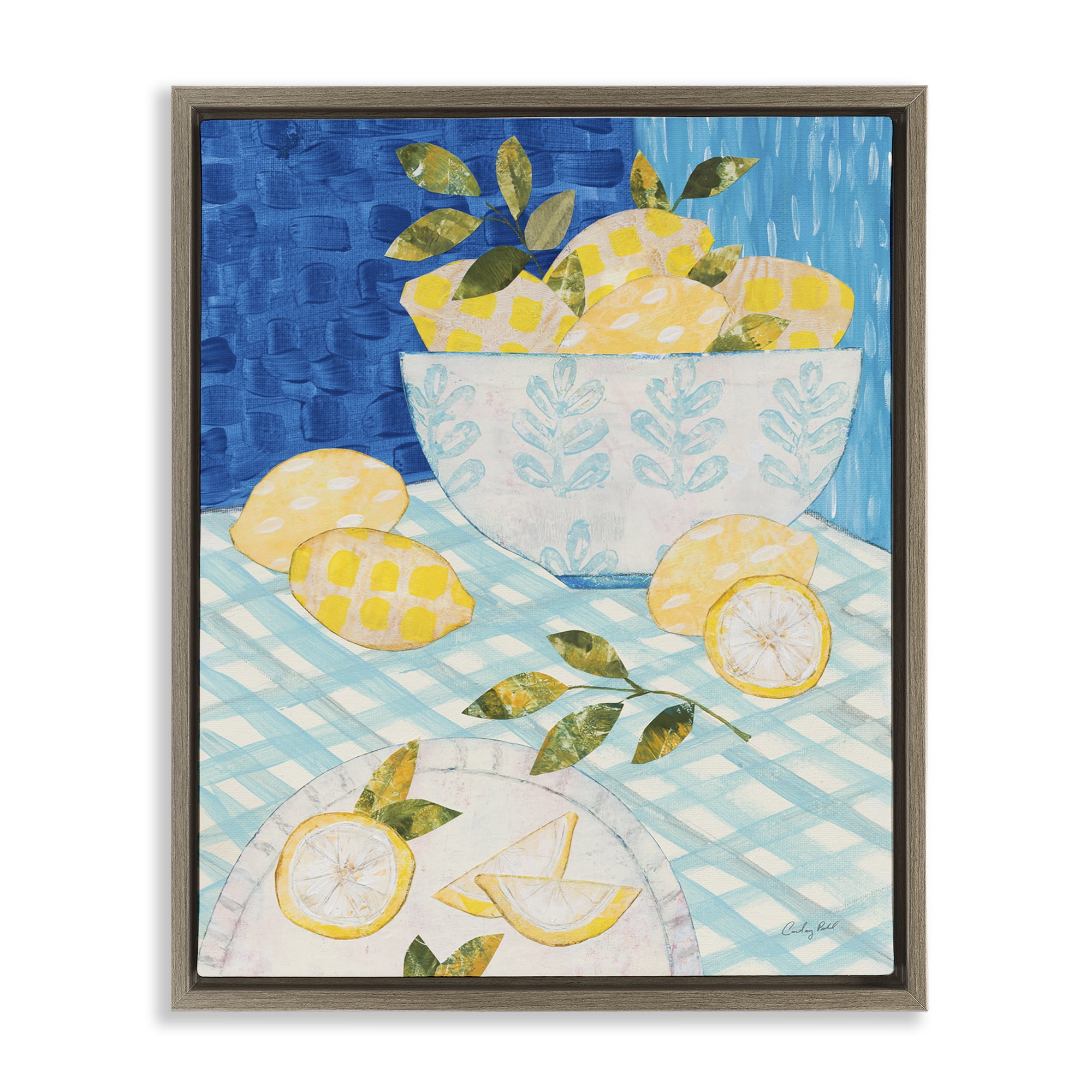 Stupell Industries Patterned Lemons Tablescape Food & Beverage Painting Brown Floater Framed Canvas Art Print Wall Art, 17 x 21