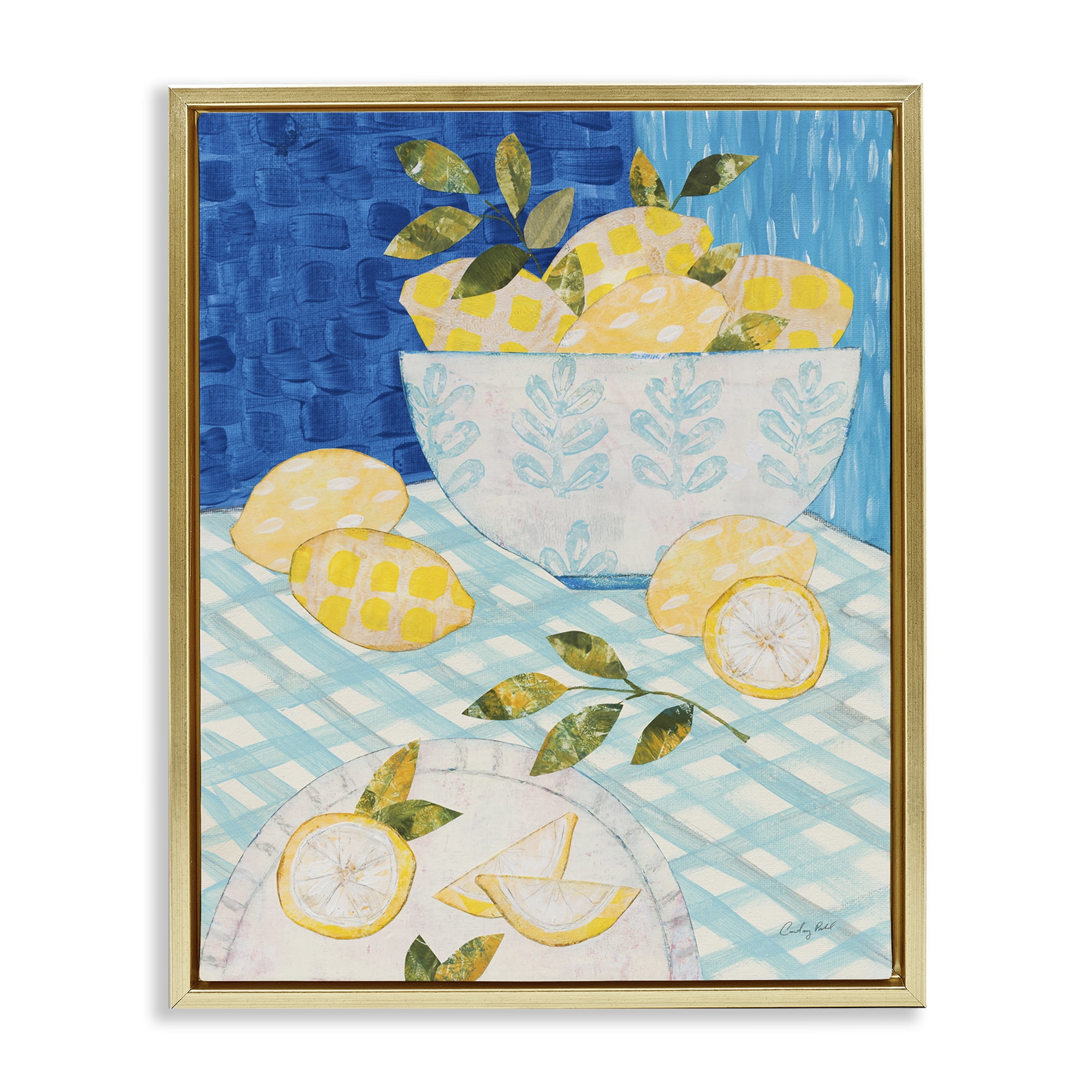 Stupell Industries Patterned Lemons Tablescape Food & Beverage Painting Gold Floater Framed Canvas Art Print Wall Art, 17 x 21