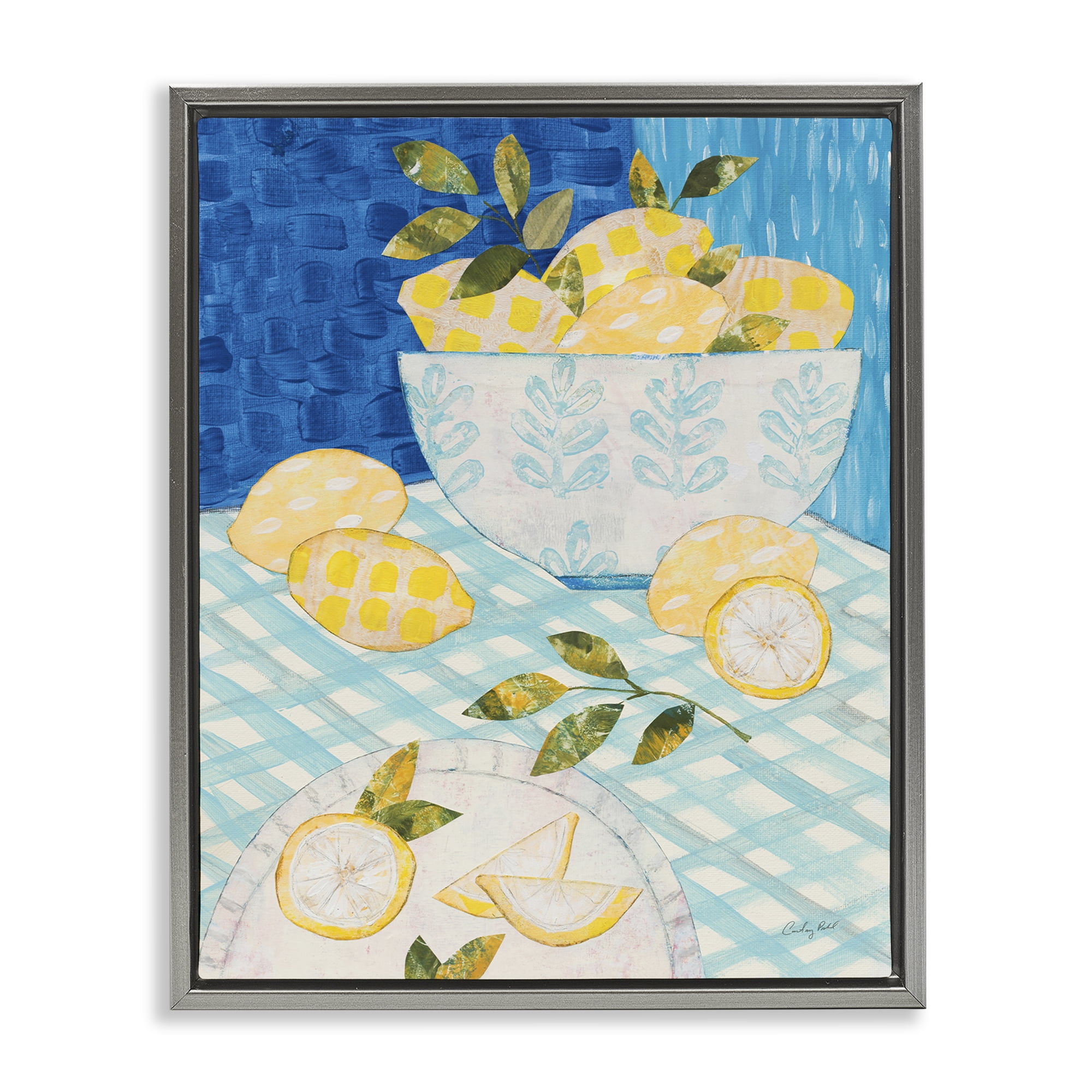 Stupell Industries Patterned Lemons Tablescape Food & Beverage Painting Gray Floater Framed Canvas Art Print Wall Art, 17 x 21