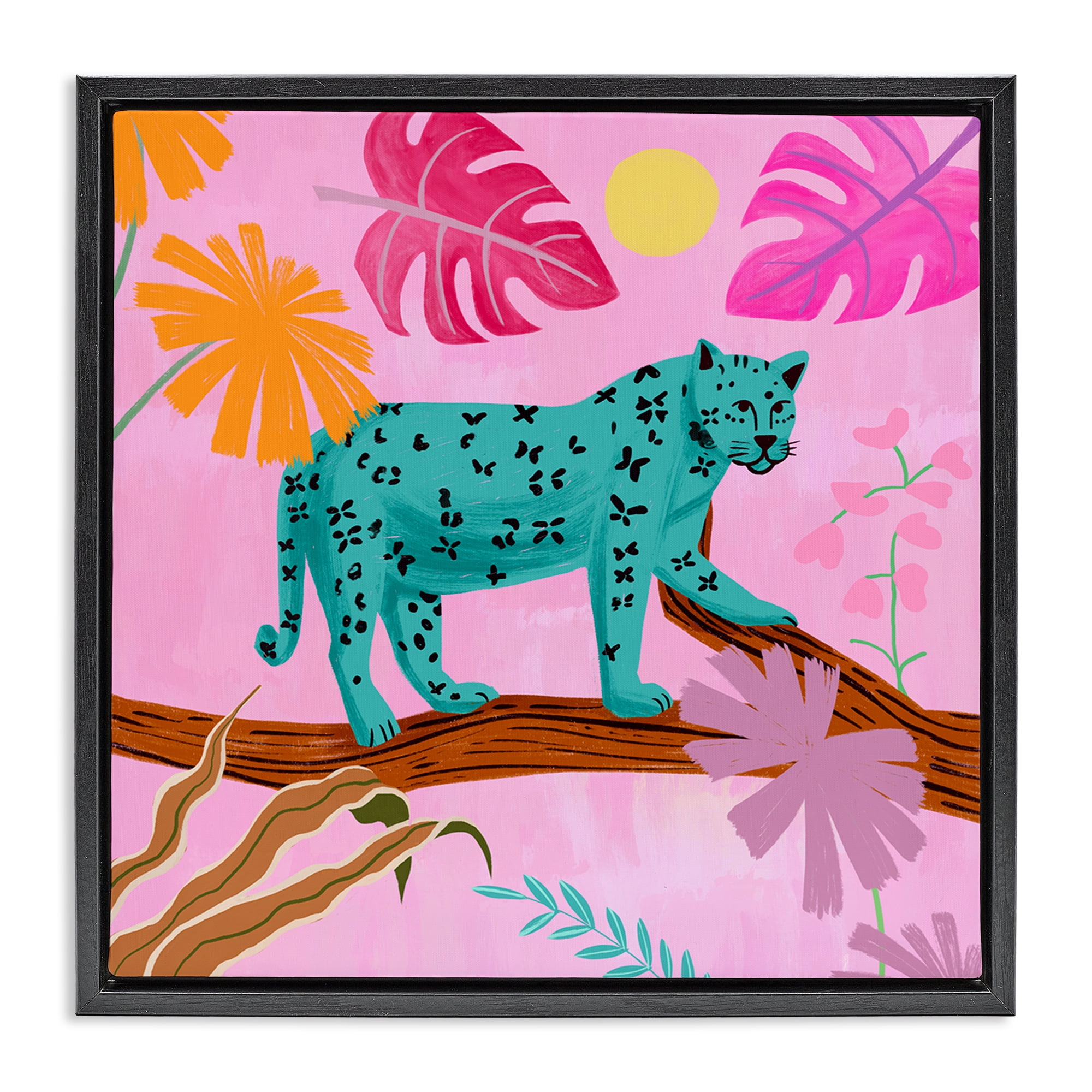 Stupell Industries Patterned Leopard on Branch Animals & Insects Painting Black Floater Framed Canvas Art Print Wall Art, 25 x 25