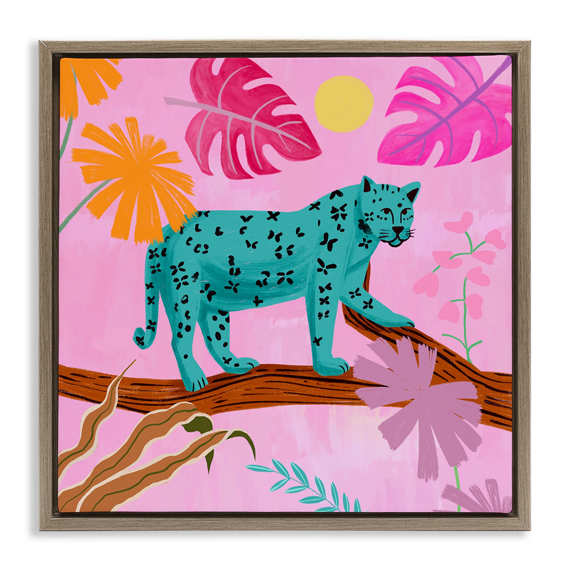 Stupell Industries Patterned Leopard on Branch Animals & Insects Painting Brown Floater Framed Canvas Art Print Wall Art, 18 x 18
