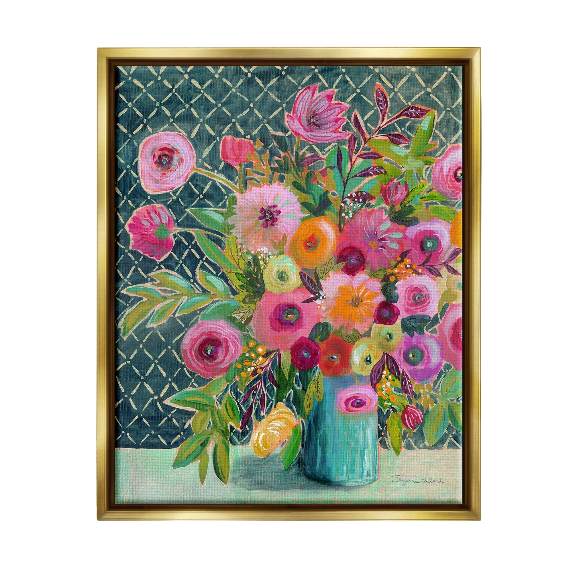 Stupell Industries Patterned Modern Flower Bouquet Botanical & Floral Painting Gold Floater Framed Art Print Wall Art