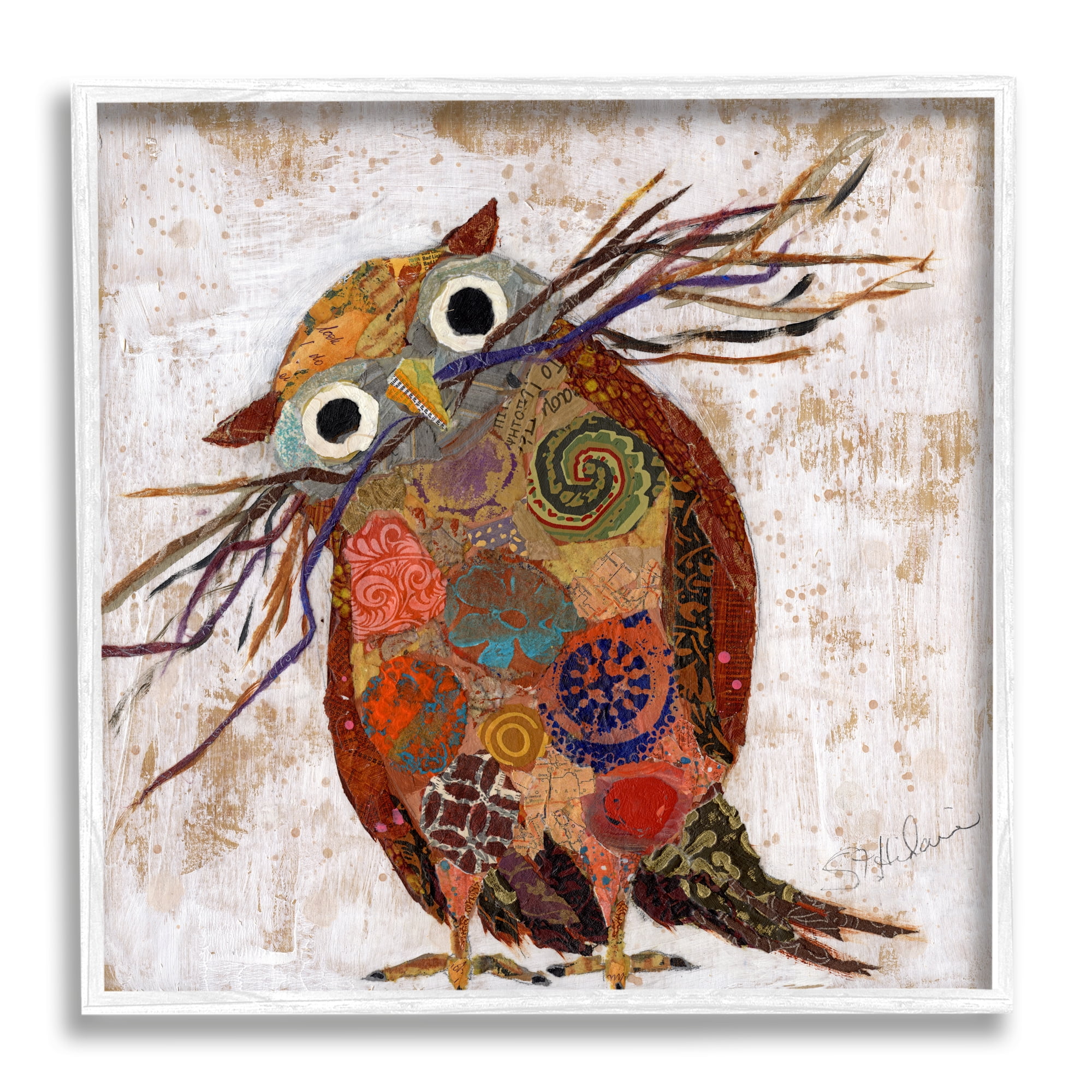 Stupell Industries Patterned Owl Collage Animals & Insects Painting White Framed Art Print Wall Art, 24 x 24