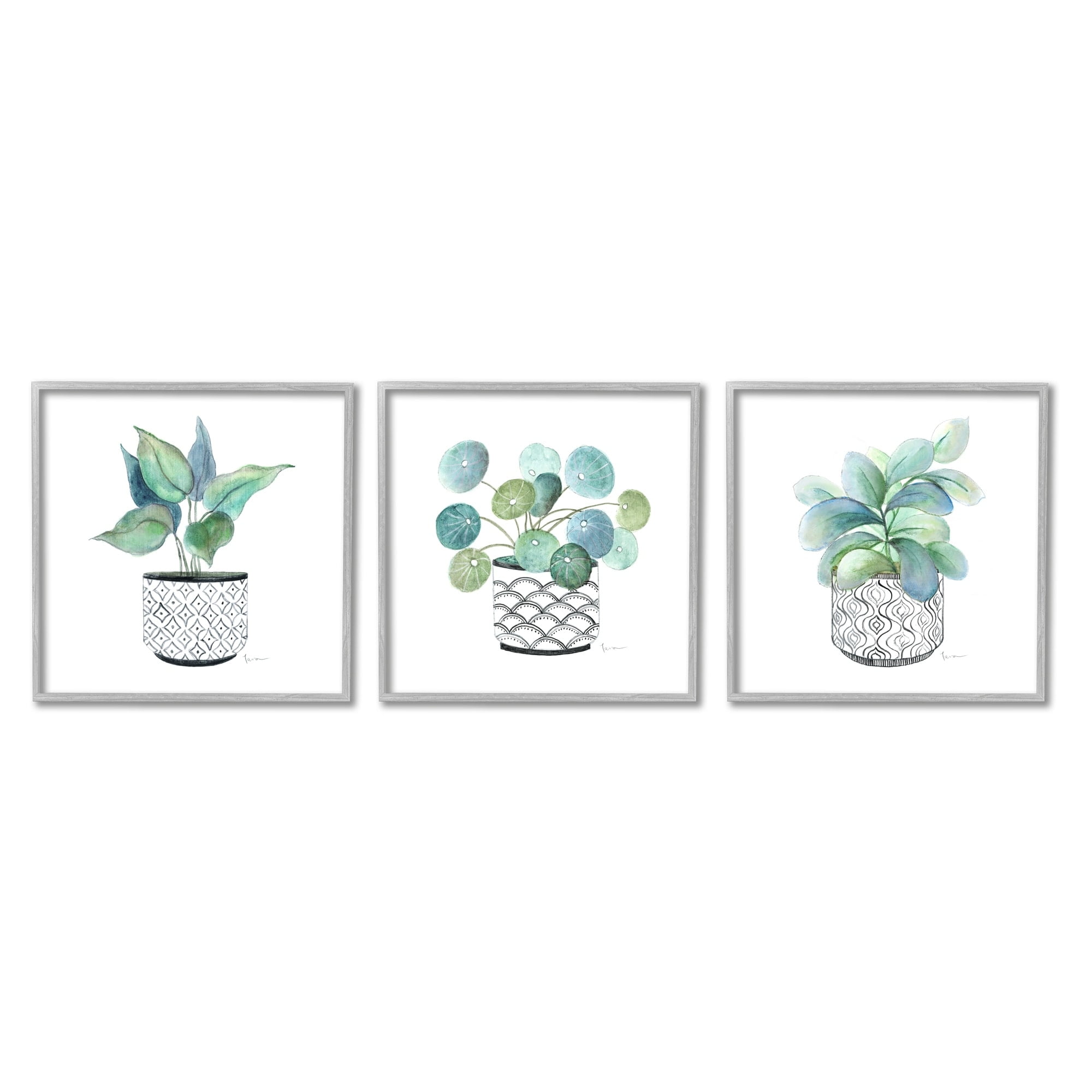 Stupell Industries Patterned Planter Vase Lush Blooming Green Leaves Graphic Art Gray Framed Art Print Wall Art, Set of 3, Design by Tava Studios