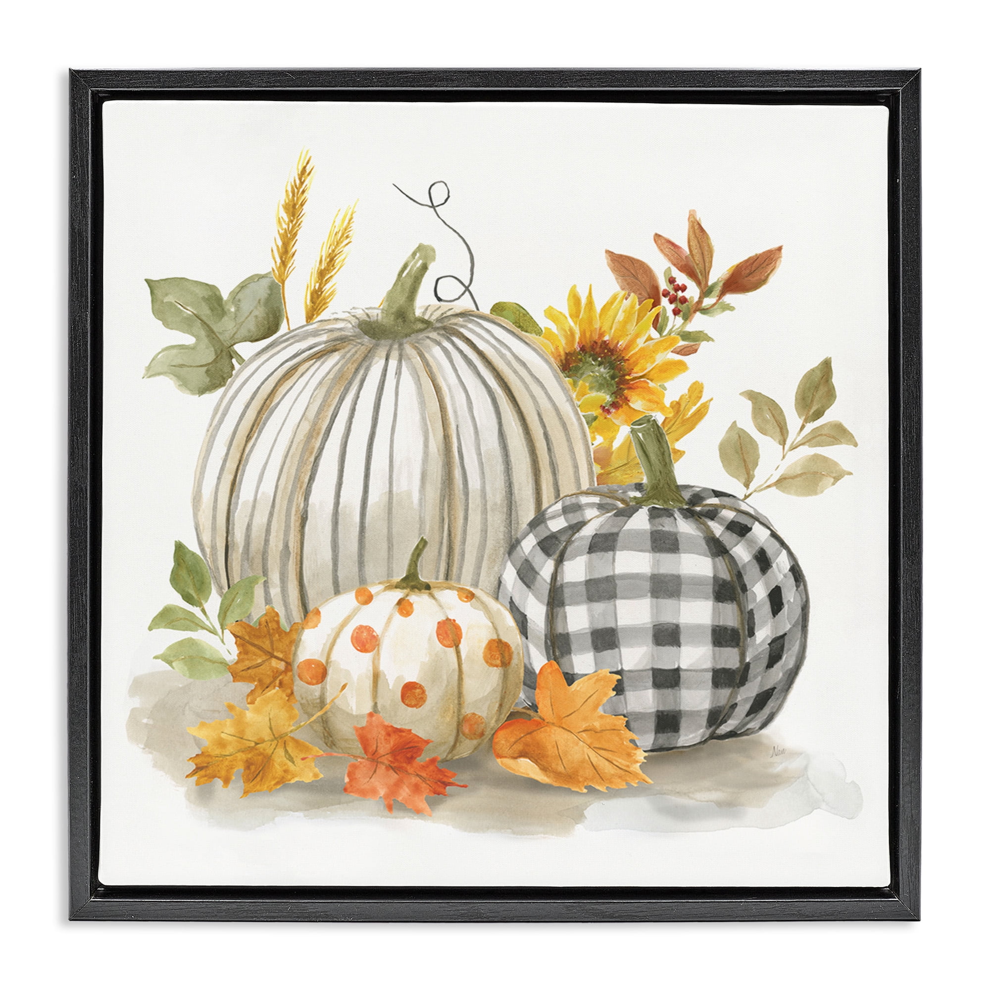 Stupell Industries Patterned Pumpkins Autumn Harvest Botanical & Floral Painting Black Floater Framed Canvas Art Print Wall Art, 25 x 25