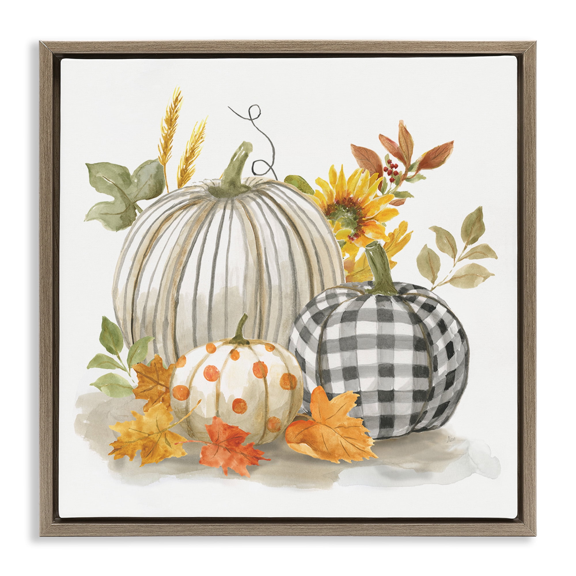 Stupell Industries Patterned Pumpkins Autumn Harvest Botanical & Floral Painting Brown Floater Framed Canvas Art Print Wall Art, 18 x 18
